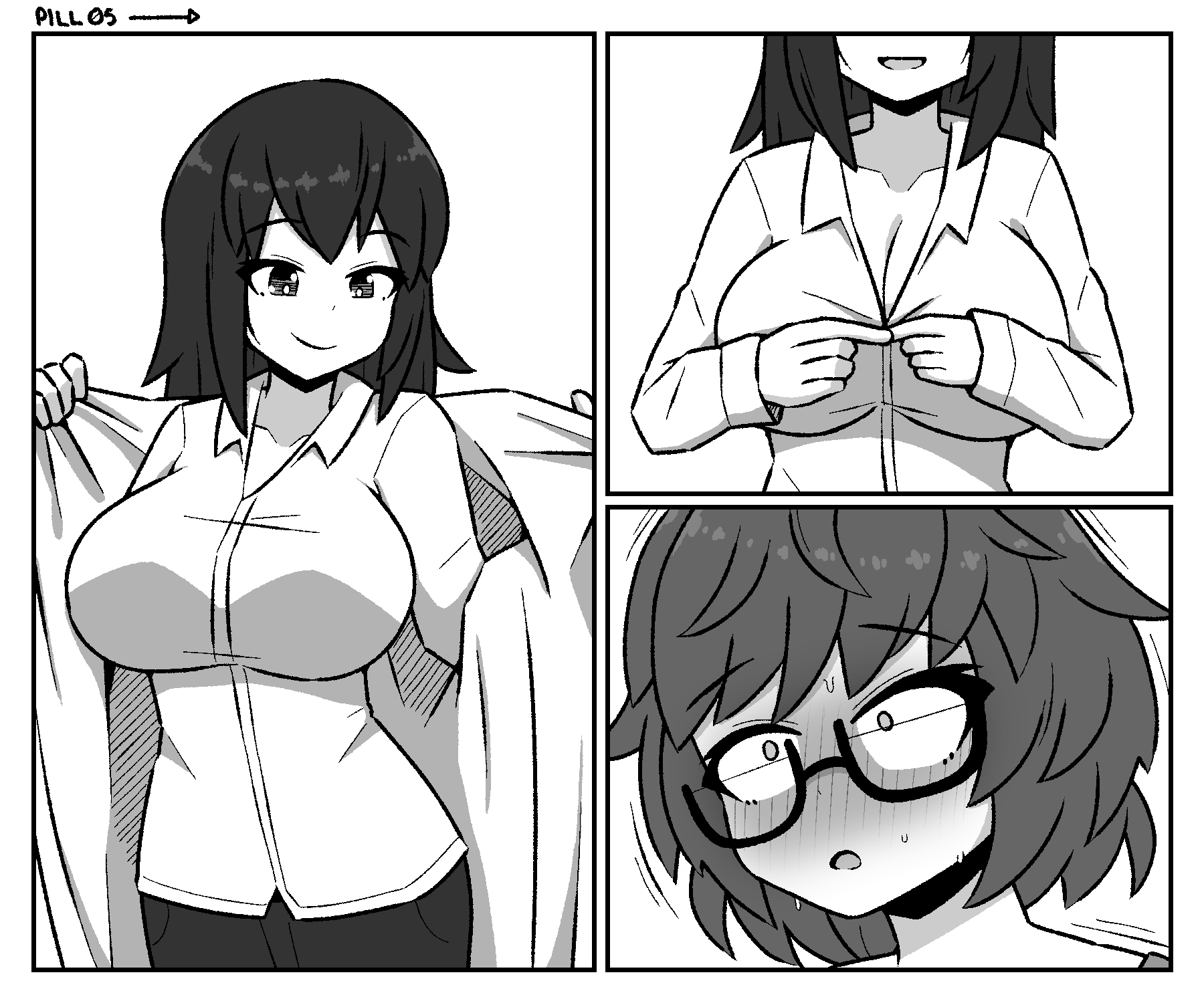 breasts comic comic_page female female_only huge_breasts inksgirls larger_female monochrome multiple_girls page_5 shrinking size_difference