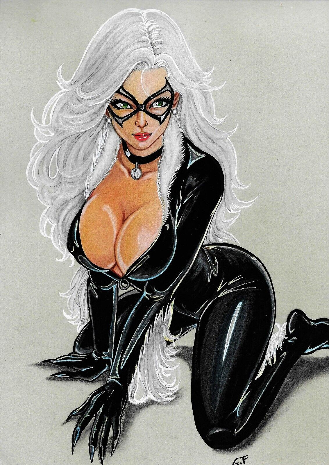 1girls, 2023, big breasts, black cat (marvel), breasts, curvy body, curvy female, curvy figure, ed benes studio, felicia hardy, female, huge breasts, latex suit, long hair, marvel, marvel comics, seductive look, skin tight, solo female, solo focus, spider-man (series), victim official, white hair
