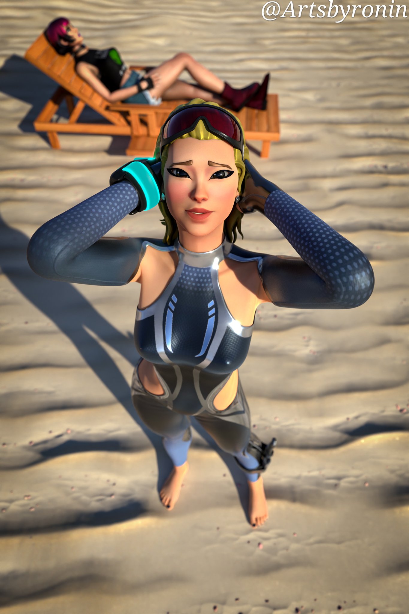 2girls 3d arms_behind_head arms_up artsbyronin background_character beach beach_chair blender blonde_hair clothed clothing duo ear_piercing earrings epic_games female female_focus female_only fortnite headwear light-skinned_female light_skin looking_at_viewer looking_up medley_(fortnite) piercings sand sitting standing sunglasses sunglasses_on_head sunny_(fortnite) viewed_from_above watermark