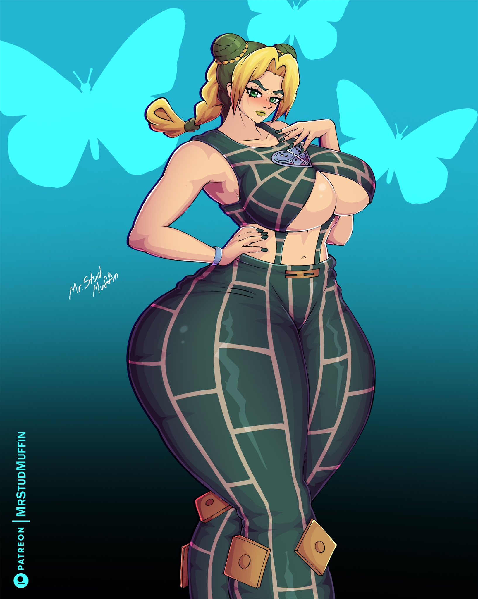 ass, breasts, female, female only, green eyes, huge ass, jojo's bizarre adventure, jolyne kujo, large breasts, mrstudmuffin, remake, stone ocean, thick thighs
