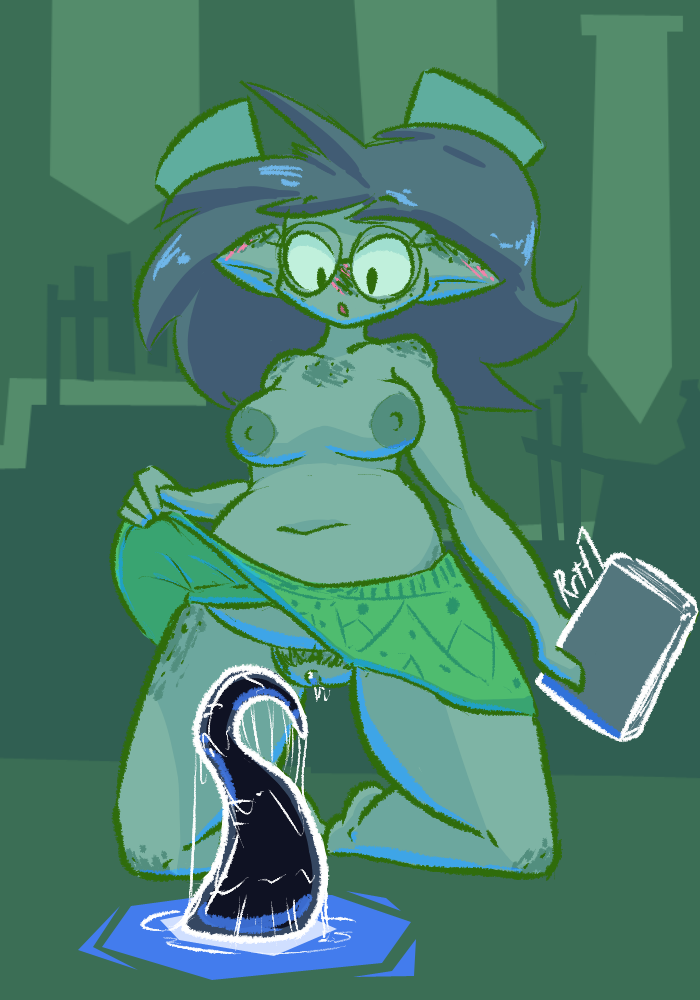 areolae belly blush book breasts chubby chubby_female clothing dripping female_only freckles glasses goblin goblin_female green_skin kneeling magic original_character pointy_ears presenting pubic_hair ribbon rrttone skirt skirt_lift skirt_only tentacle topless