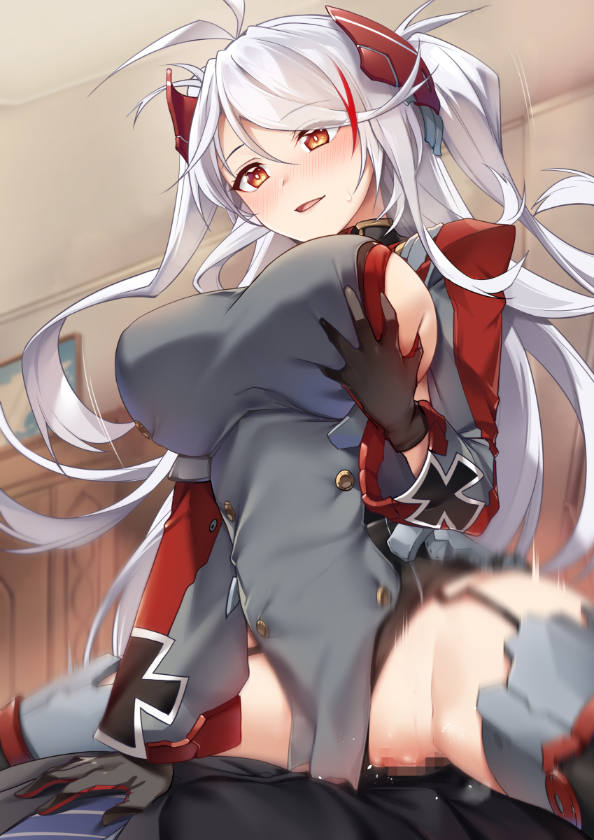 1boy antenna_hair azur_lane black_gloves black_panties blush breasts brown_eyes censored clothing_aside commission cowgirl_position cross dress eyes_visible_through_hair female from_below garter_straps gloves grabbing grabbing_another's_breast grabbing_own_breast grey_dress grey_thighhighs hair_between_eyes headgear highres iron_cross large_breasts long_hair long_sleeves looking_down mosaic_censoring multicolored_hair open_mouth panties panties_aside penis prinz_eugen_(azur_lane) pussy red_hair sex sideboob skeb_commission smile solo_focus spread_legs straddling straight streaked_hair sweat swept_bangs thighhighs tsuki_tokage two_side_up underwear vaginal_penetration very_long_hair white_hair