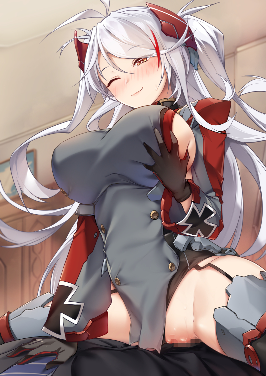 1boy antenna_hair azur_lane black_gloves black_panties blush breasts brown_eyes censored closed_mouth clothing_aside commission cowgirl_position cross dress eyes_visible_through_hair female from_below garter_straps gloves grabbing grabbing_another's_breast grabbing_own_breast grey_dress grey_thighhighs hair_between_eyes headgear highres iron_cross large_breasts long_hair long_sleeves looking_down mosaic_censoring multicolored_hair one_eye_closed panties panties_aside penis prinz_eugen_(azur_lane) pussy red_hair sex sideboob skeb_commission smile solo_focus spread_legs straddling straight streaked_hair sweat swept_bangs thighhighs tsuki_tokage two_side_up underwear vaginal_penetration very_long_hair white_hair