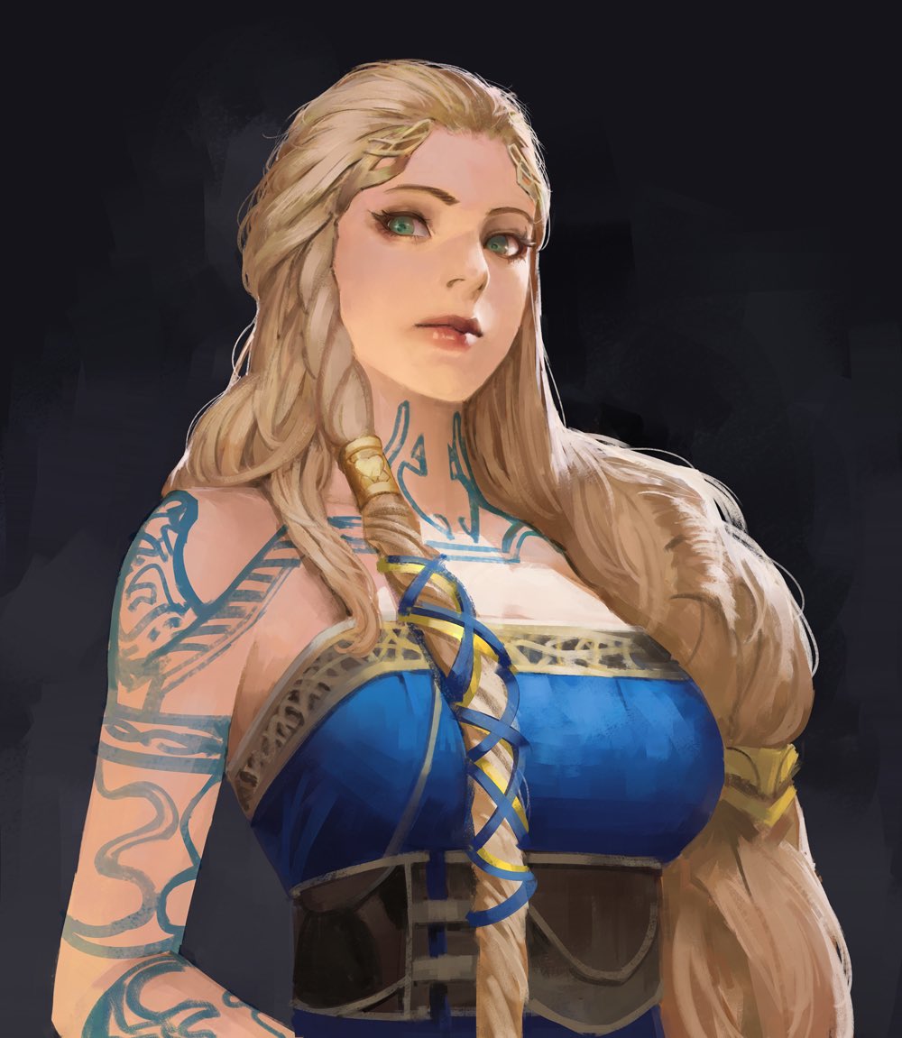1girls, aesir (norse mythology), belt, blonde female, blonde hair, blue dress, braid, braided hair, breasts, clothed, clothed female, female, female focus, female only, front view, god of war, god of war ragnarok, goddess, green eyes, grey background, long hair, looking at viewer, milf, mother, mythology, norse mythology, phamoz, santa monica studio, sif (god of war), solo, sony corporation, sony interactive entertainment, tattoo, tattooed arm, tattoos, zomayuan