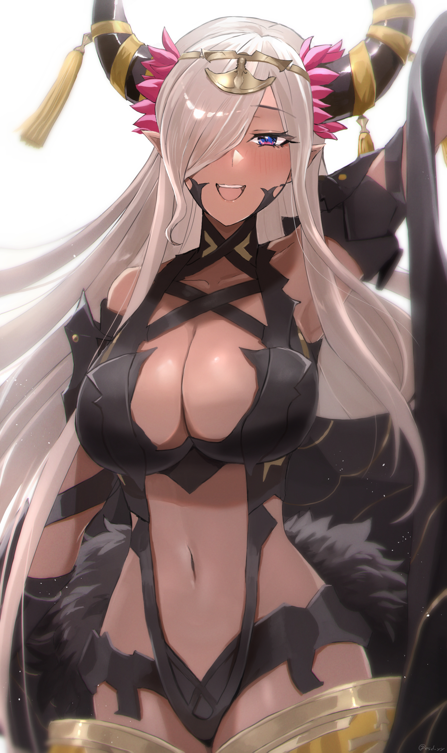 :d, 1girls, armpits, bare shoulders, breasts, cleavage, commentary request, cowboy shot, dark skin, dark-skinned female, esuda0919, female, female only, fire emblem, fire emblem engage, hair over one eye, highres, horns, large breasts, long hair, looking at viewer, midriff, navel, nintendo, open mouth, pointy ears, purple eyes, simple background, smile, solo, standing, stomach, very long hair, white background, white hair, zelestia (fire emblem)