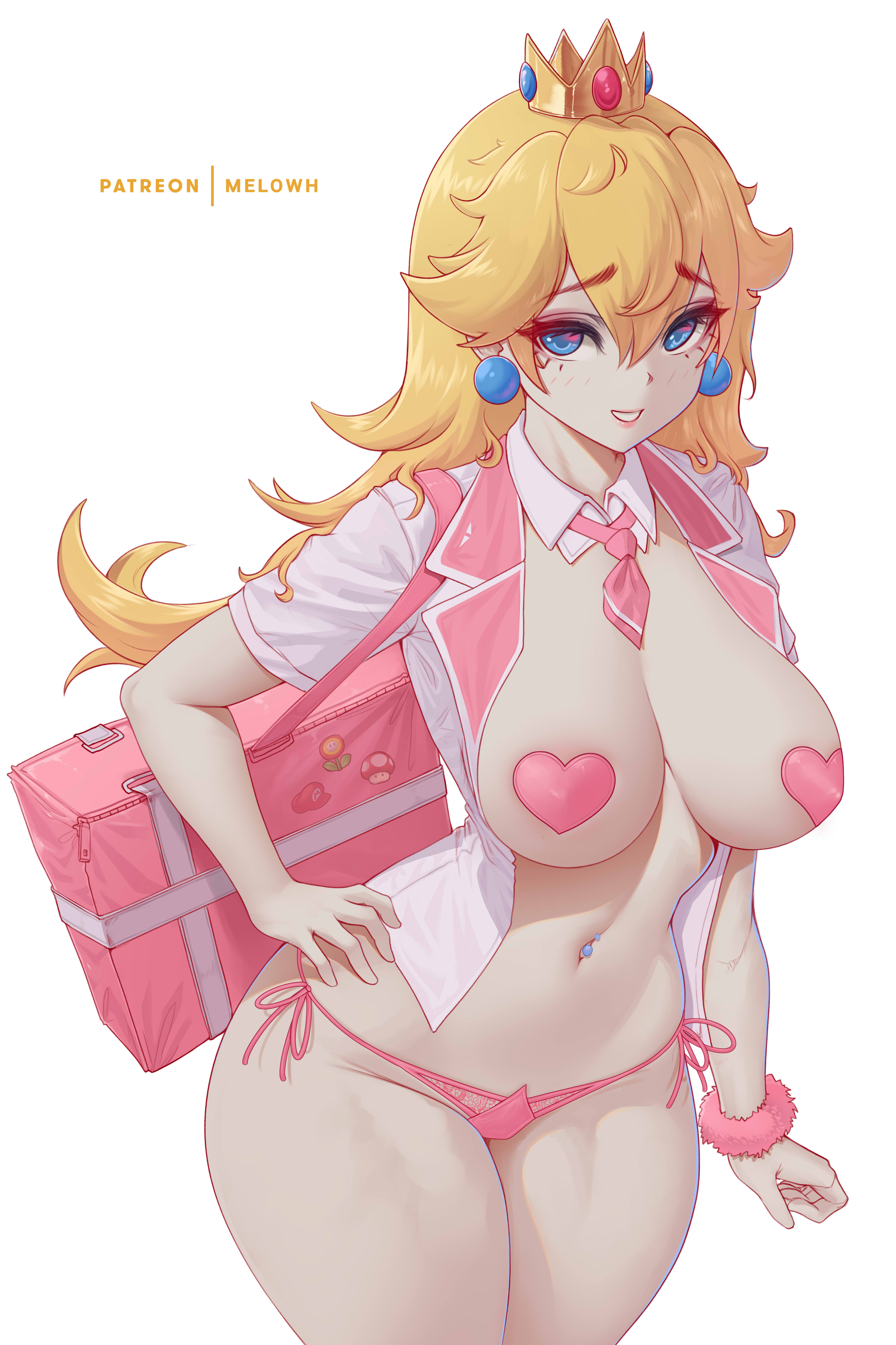 1girls, absurd res, big breasts, blonde hair, blue eyes, breasts, clothing, female, female only, gyaru, hair between eyes, heart, heart pasties, heart-shaped pasties, hi res, highres, huge breasts, large breasts, light skin, light-skinned female, long hair, looking at viewer, mario (series), melowh, nintendo, pasties, princess peach, school bag, school uniform, schoolgirl, simple background, solo, standing, thick thighs, thighs, white background, wide hips