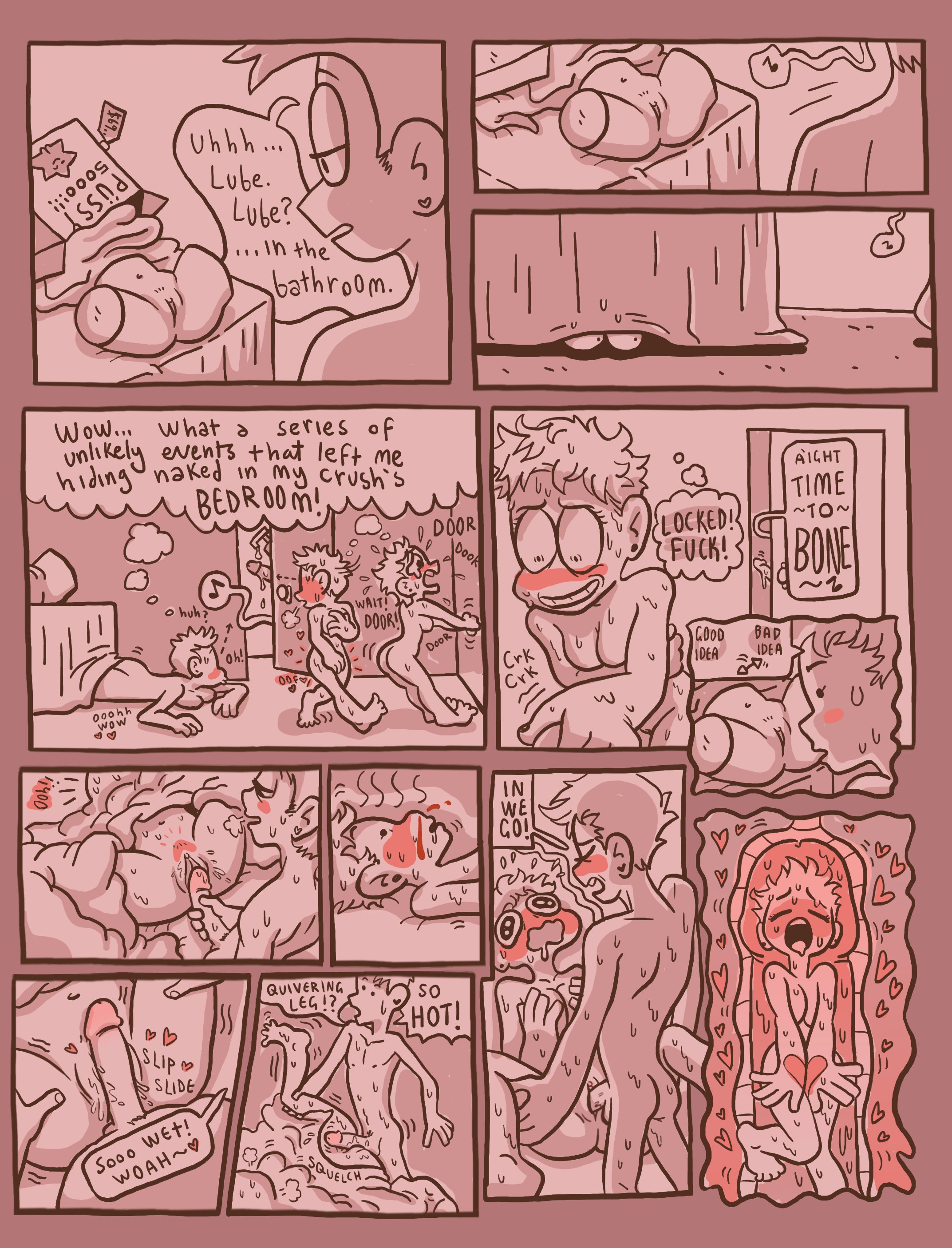 accidental circumstance, accidental sex, artificial vagina, ass, breasts, comic, dialogue, female, funny, human fleshlight, male, mistaken identity, monochrome, penis, red theme, samrockwell420, sex, tricked into sex