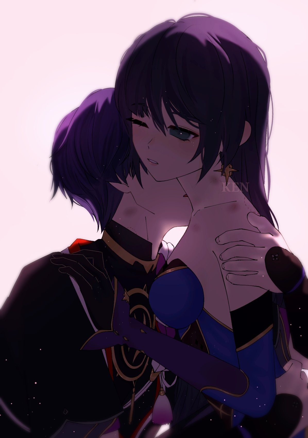 1boy, 1girls, arm around partner, arm around shoulders, assertive male, bangs, bite mark, female, foreplay, genshin impact, hickey, hickey marks, intimate, kiss mark, kiss marks, kissing neck, male, male/female, mona (genshin impact), moriko ken11, one eye closed, scaramouche (genshin impact), sensual, straight