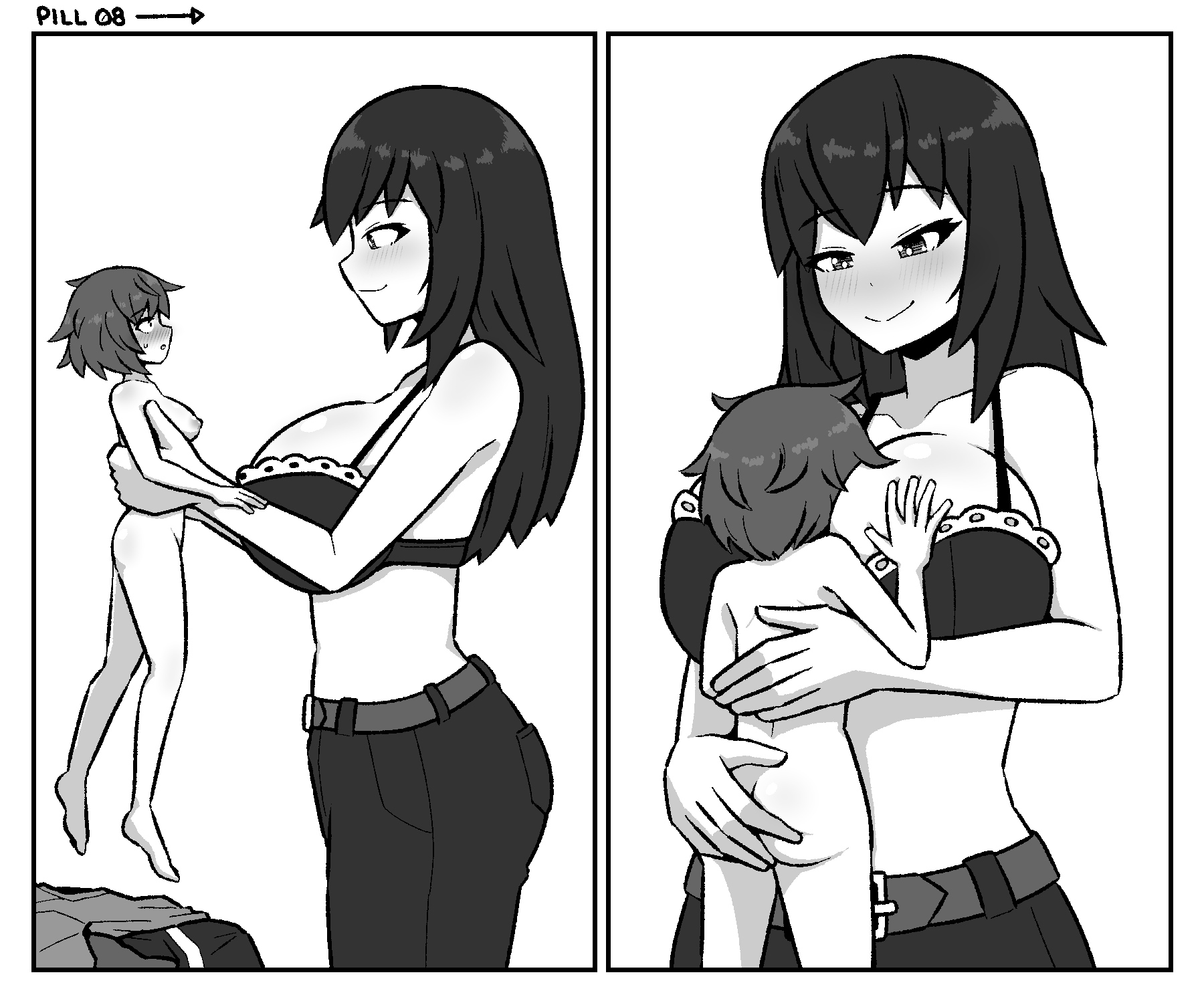 black_and_white bra breast_smother breasts comic comic_page female female_only femdom femsub giantess huge_breasts inksgirls larger_female monochrome multiple_girls page_8 shrinking size_difference smothering