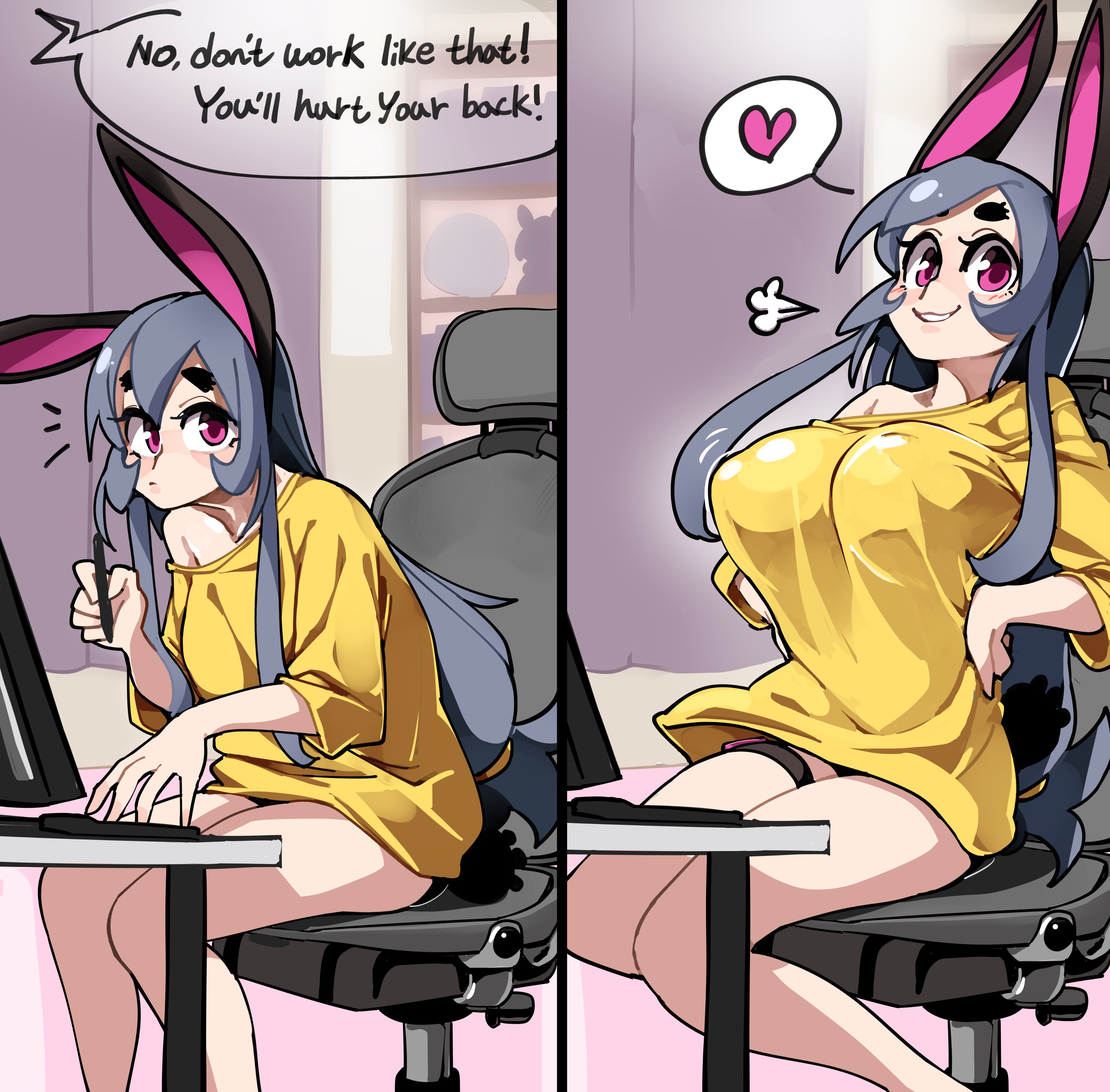 1girls, absurd res, big breasts, black eyebrows, blush, bongfillstudent, breasts, bunny ears, bunny girl, bunny industry (bongfillstudent), bunny tail, dialogue, english text, female, female only, grey hair, light skin, light-skinned female, long hair, looking at viewer, loose clothes, nipple bulge, offscreen character, purple eyes, sitting, sitting on chair, smiling, smiling at viewer, solo, speech bubble, spoken heart, t-shirt, t-shirt only, tank bunny (bongfillstudent), thick eyebrows