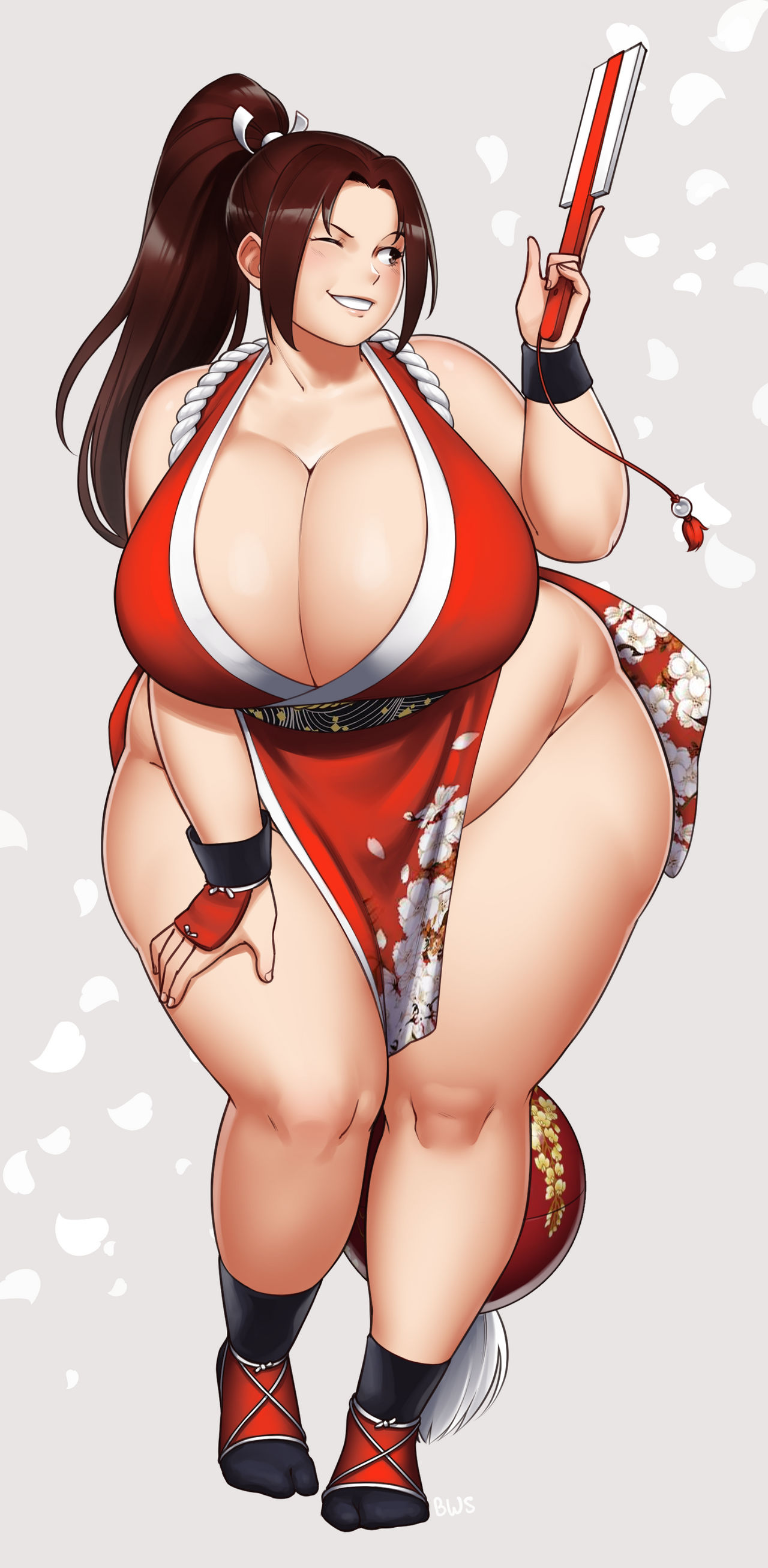 1girls, 2023, bbw, belly, better with salt, big belly, big breasts, blush, blush lines, breasts, breasts bigger than head, brown eyes, brown hair, busty, chubby, chubby female, cleavage, clothed, clothing, curvaceous, curvy, deep cleavage, fan, fat, fat female, fatal fury, female, female only, footwear, front view, grey background, hand on leg, hand on thigh, holding object, huge breasts, japanese clothes, jpeg artifacts, king of fighters, kunoichi, large breasts, light skin, light-skinned female, long hair, looking away, mai shiranui, obi, one eye closed, overweight, overweight female, ponytail, portrait, simple background, smile, smiling, solo, solo female, solo focus, tabi, tassel, thick, thick legs, thick thighs, tied hair, voluptuous, white background, wide hips, wink, wristwear