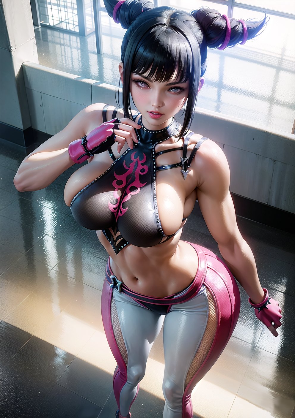 1girls, ai generated, big breasts, breasts, capcom, curvaceous, curvy female, curvy figure, female, female only, huge breasts, juri han, looking at viewer, seductive look, solo, solo female, stable diffusion, street fighter