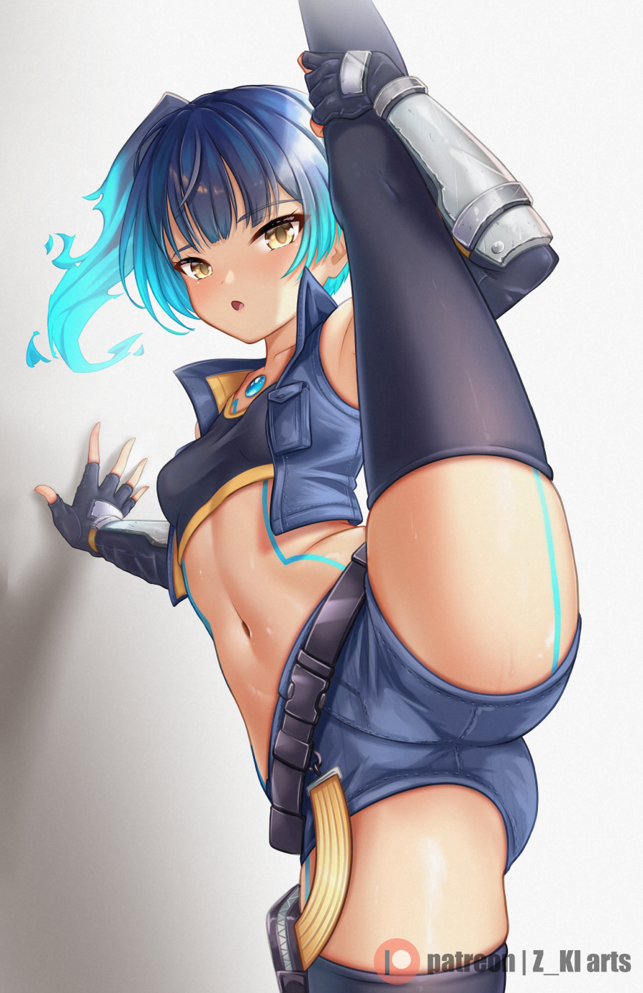 1girls ass belly belly_button black_hair blue_hair blush core_crystal dark-skinned_female dark_skin horny leg_grab leg_up leggings legs legs_apart legs_up looking_at_viewer midriff multicolored_hair ponytail sena_(xenoblade) shorts side_ponytail stomach stretching tan_body tan_skin tights xenoblade_(series) xenoblade_chronicles_3 z-ki