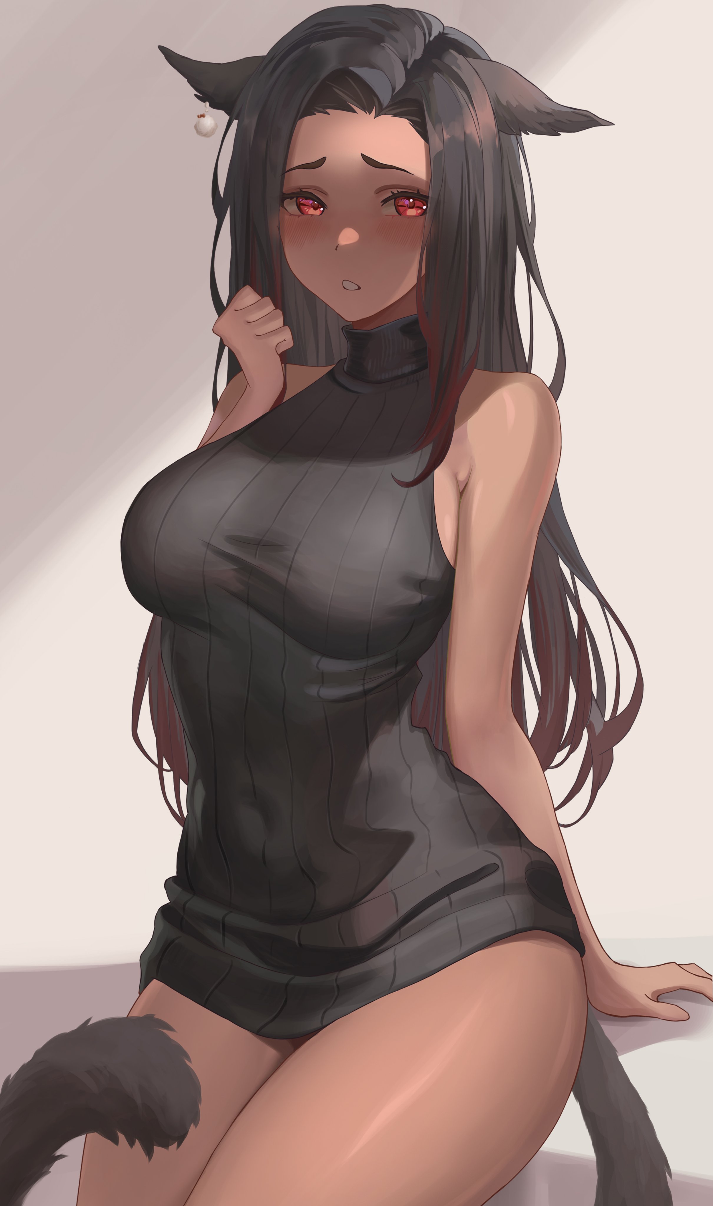 1girls, absurd res, black hair, blush, cat ears, cat tail, female, female only, long hair, meowrim, miqo'te, red eyes, sleeveless sweater, solo, sweater, tail, thick thighs