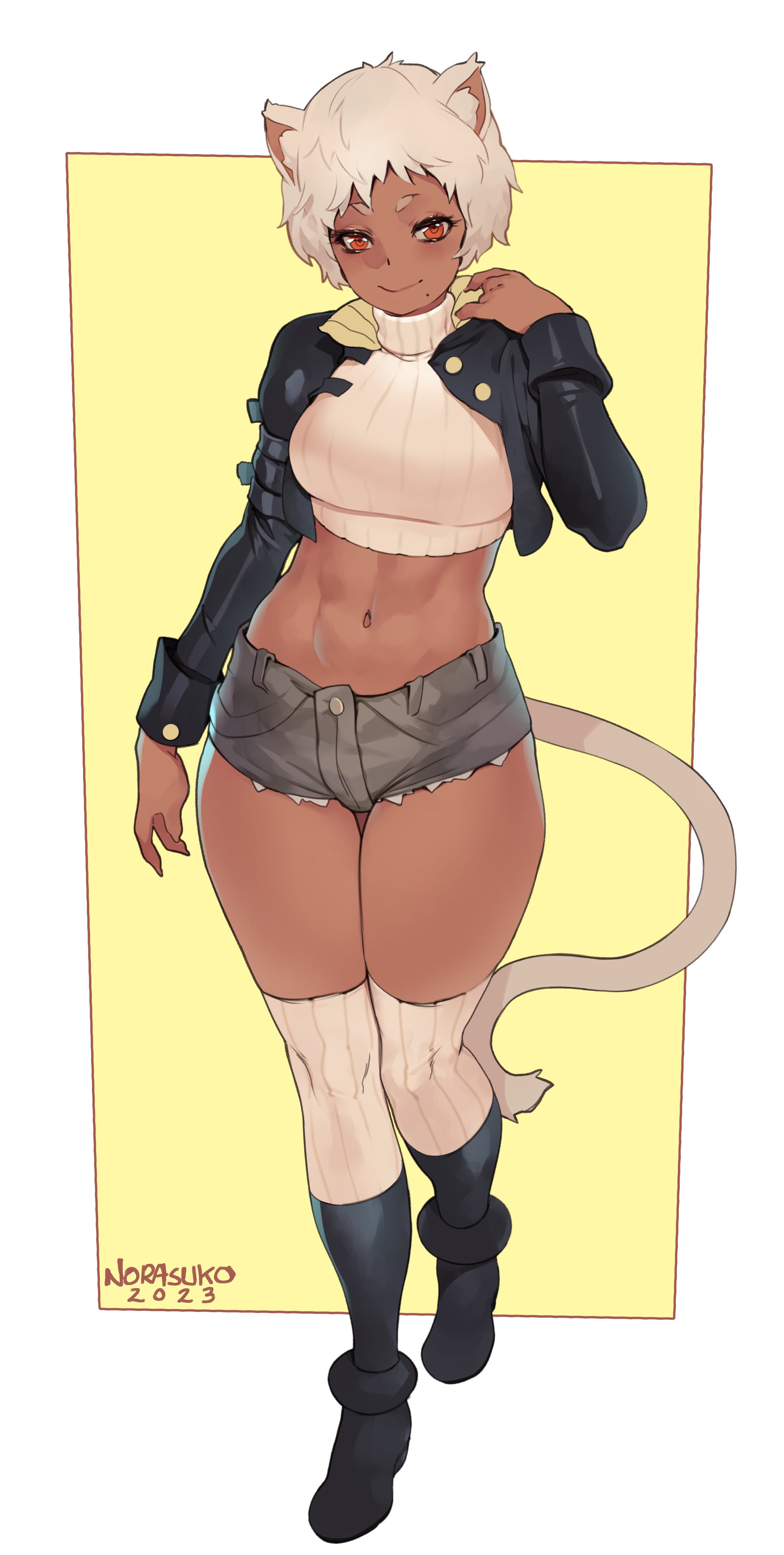 1girls, absurd res, cat ears, cat girl, cat tail, catgirl, clothing, commission, dark skin, dark-skinned female, female, female only, final fantasy, final fantasy xiv, looking at viewer, miqo'te, mole, mole under mouth, norasuko, red eyes, short hair, shorts, smiling, smiling at viewer, solo, square enix, tail, very short hair, white hair