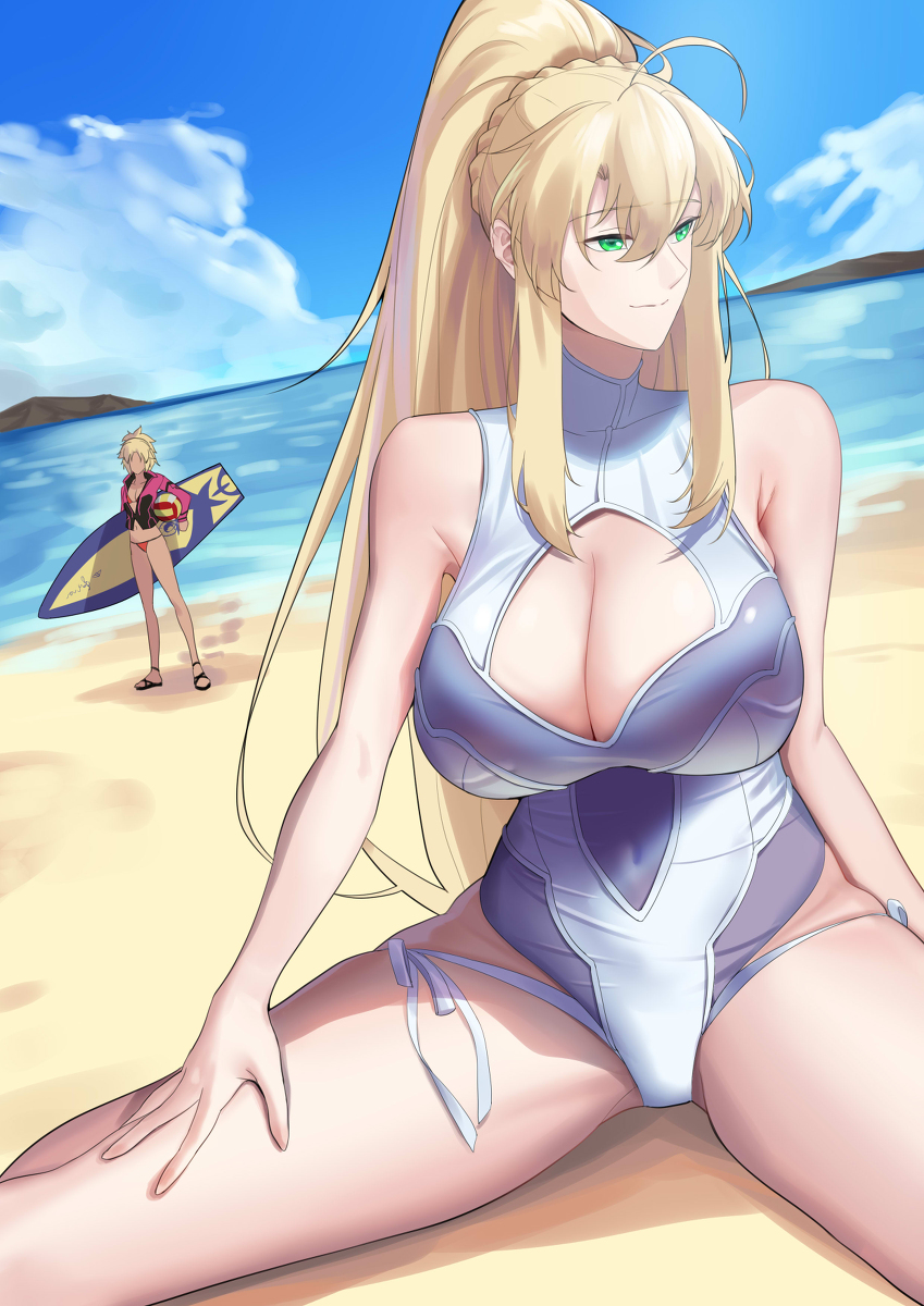 2girls artoria_pendragon artoria_pendragon_(lancer) artoria_pendragon_(swimsuit_ruler) artoria_pendragon_(swimsuit_ruler)_(second_ascension)_(fate) blonde_hair fate/grand_order fate_(series) female female_only mordred_(fate) mother_and_daughter multiple_girls solo_focus