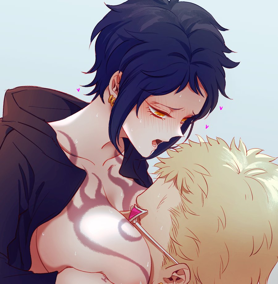 1boy 1girls big_breasts black_hair blonde_hair blush breasts_out chest_tattoo cleavage donquixote_doflamingo earrings face_in_breasts female genderswap_(mtf) head_between_breasts heart hoodie kizna male motorboating no_bra one_piece rule_63 short_hair sunglasses sweat tattoo trafalgar_law upper_body yellow_eyes