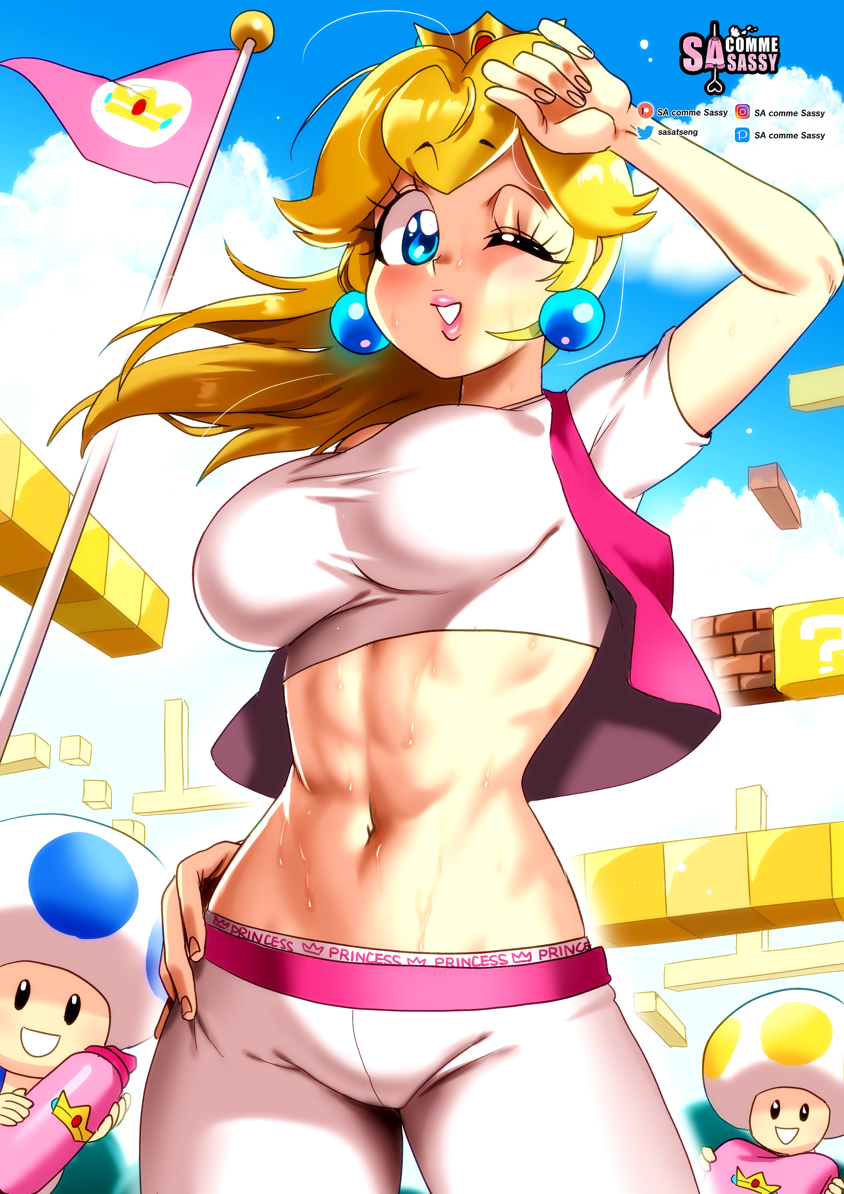 1girls, 2boys, absurd res, after workout, blonde hair, blue eyes, blush, crown, detailed background, earrings, female, female focus, long hair, looking at viewer, male, mario (series), midriff, multiple boys, multiple males, navel, nintendo, one eye closed, outdoors, pink lipstick, princess peach, sasatseng, smiling, smiling at viewer, sportswear, standing, super mario bros., sweat, teeth showing, toad (mario)