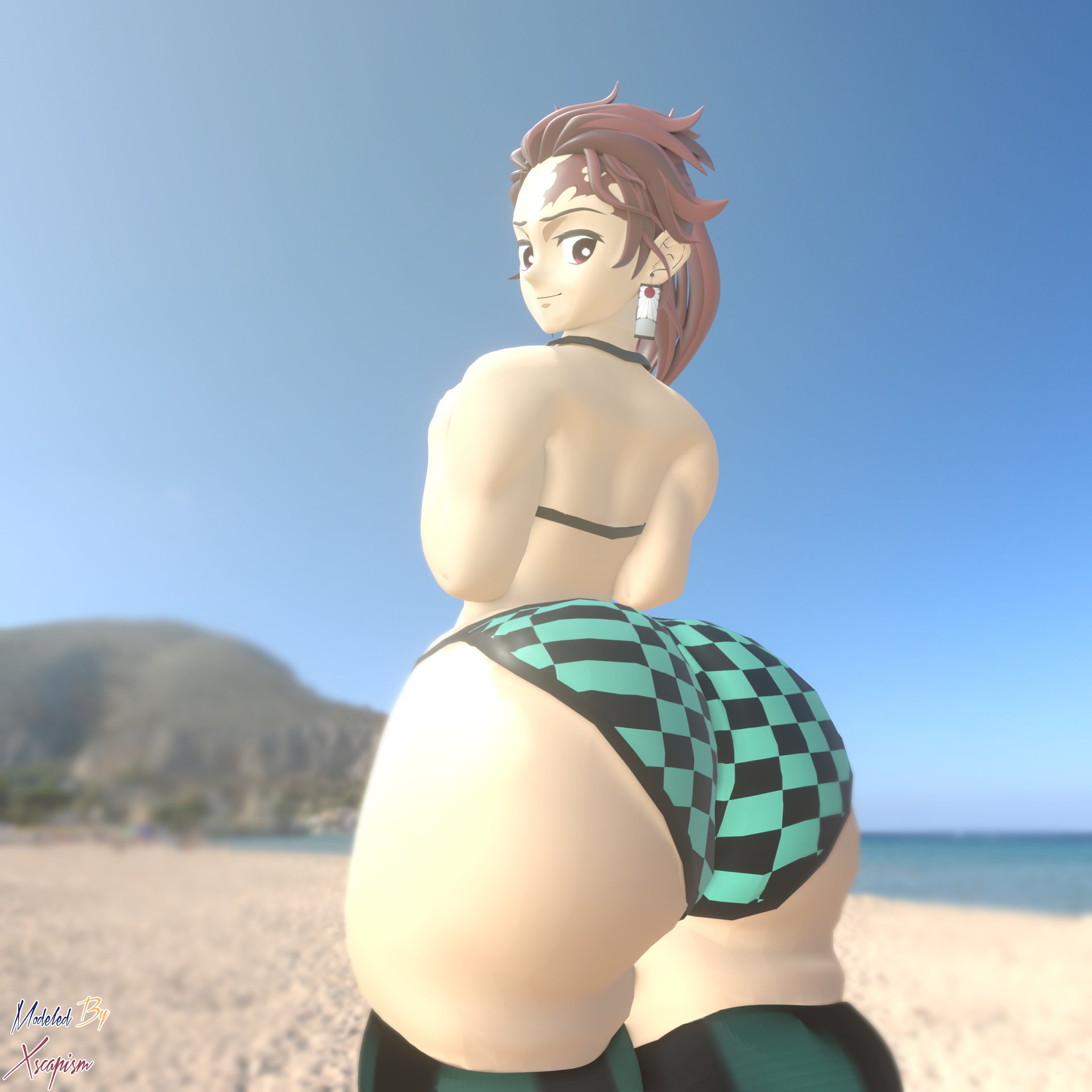 1boy, ass, ass focus, ass grab, beach, big ass, bikini, bottom heavy, bottom heavy femboy, bubble ass, bubble butt, curvy body, curvy figure, demon slayer, femboy, kamado tanjirou, kimetsu no yaiba, male, tanjiro kamado, xscapism