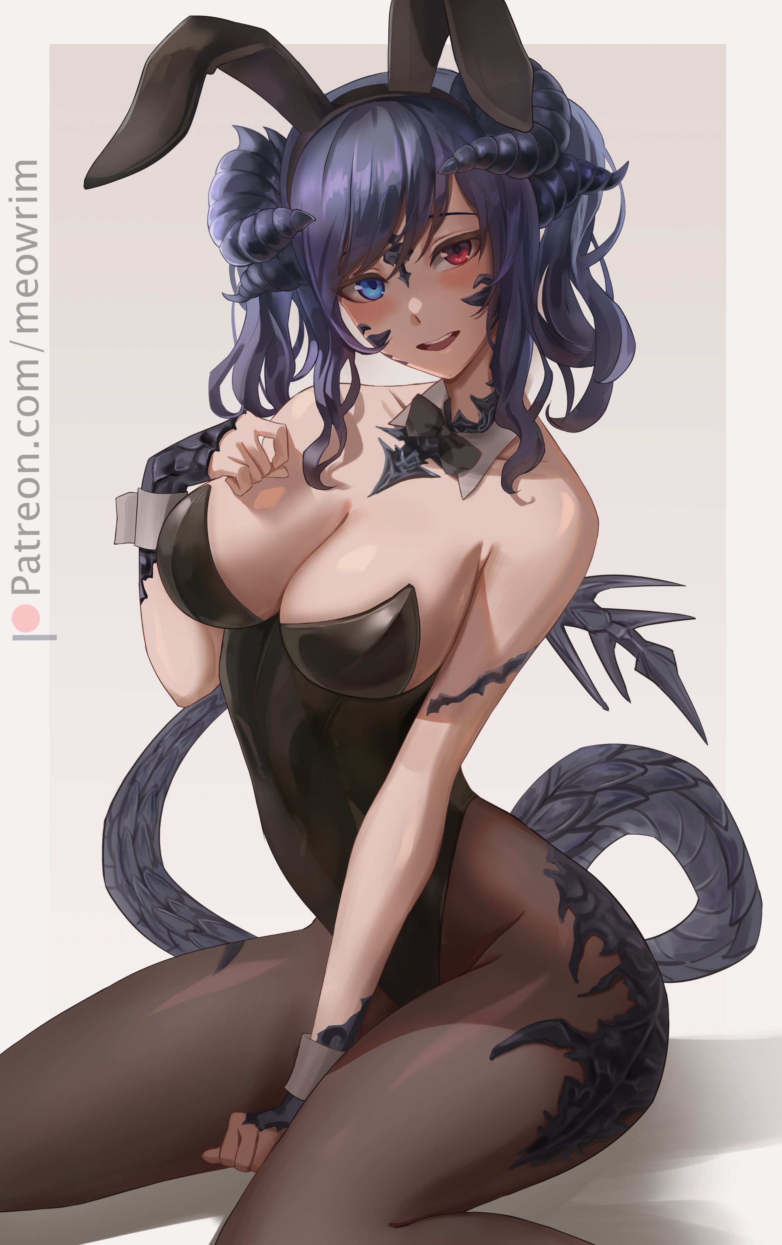 1girls, 2023, absurd res, au ra, blue eyes, blue hair, blush, bunny ears, bunny ears (cosmetic), bunnysuit, detached collar, female, female only, final fantasy, final fantasy xiv, heterochromia, horns, light skin, light-skinned female, looking at viewer, meowrim, neck ribbon, pantyhose, red eyes, scales, sitting, smiling, smiling at viewer, solo, tail, twintails, wrist cuffs