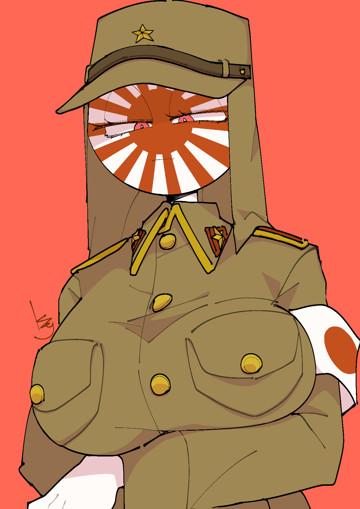 1girls, angry, angry face, big breasts, breasts, clothing, countryhumans, countryhumans girl, female, female only, hat, japanese empire (countryhumans), kuzuyu (artist), military uniform, red background, red eyes, simple background, uniform
