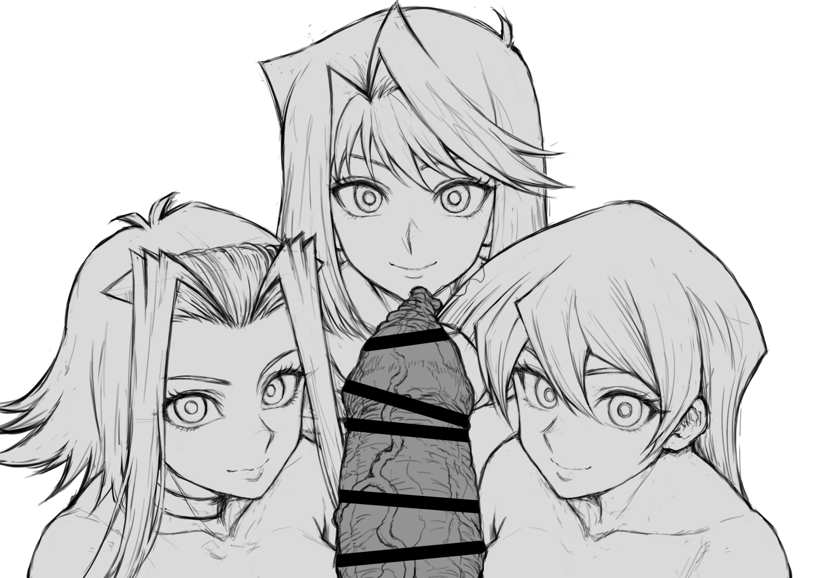 1boy, 3girls, akiza izinski, alexis rhodes, censored, face focus, female, female focus, foreskin, looking at viewer, male, male pov, monochrome, no10 direct, penis, pointy chin, pov, smile, stray pubic hair, tea gardner, uncircumcised, uncut, yu-gi-oh!, yu-gi-oh! 5d's, yu-gi-oh! duel monsters, yu-gi-oh! gx