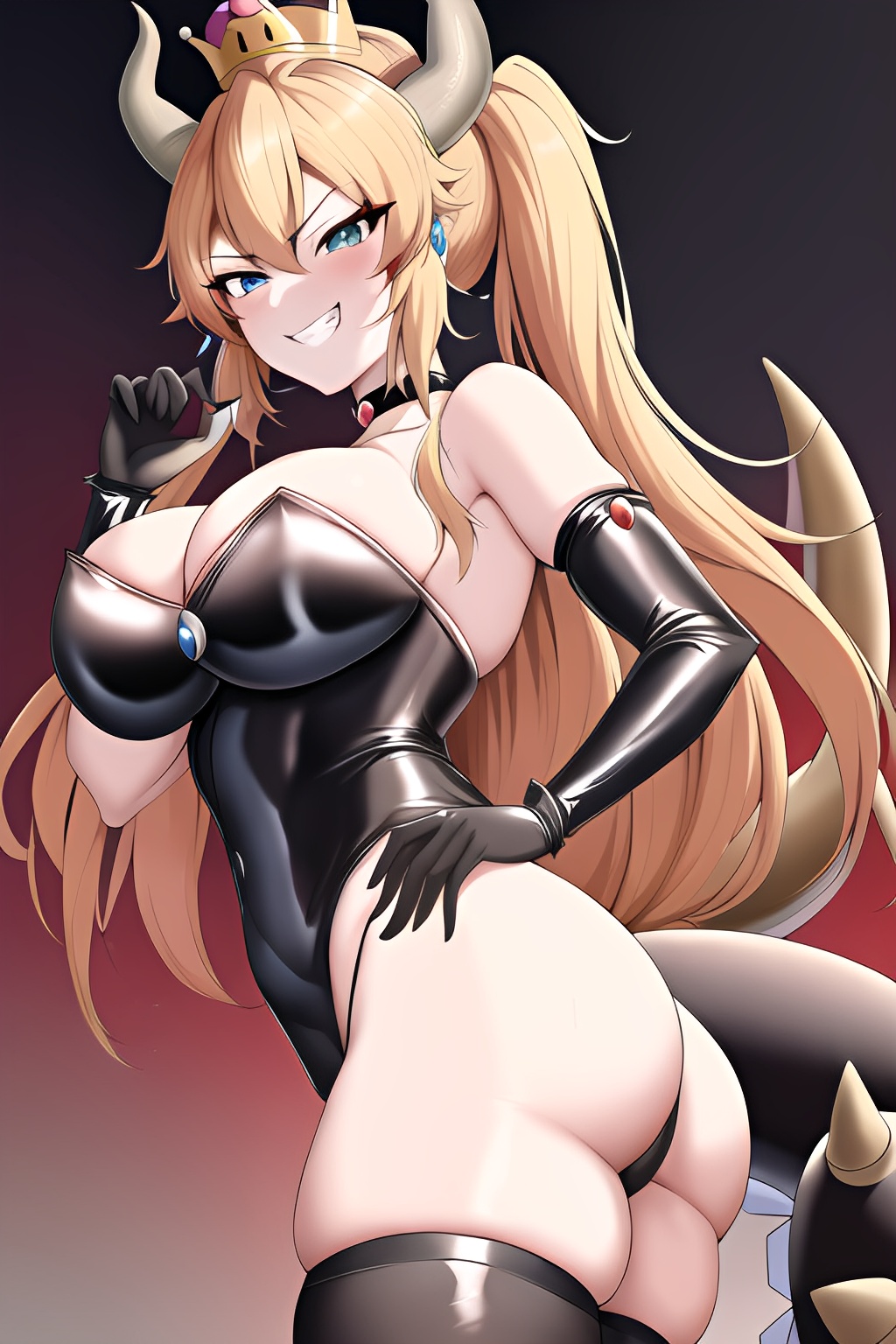 1girls, ai generated, ass, big breasts, blonde hair, blue eyes, bodysuit, bowsette, breasts, female, grin, long gloves, long socks, looking at viewer, mario (series), new super mario bros. u deluxe, ponytail, thick thighs