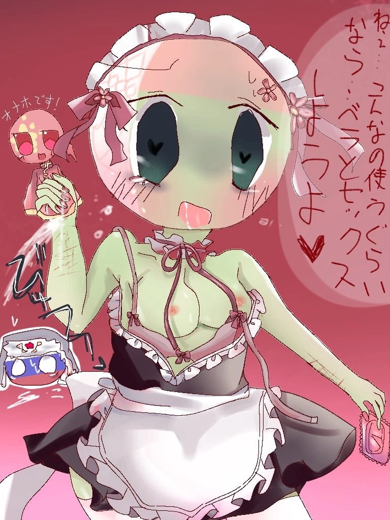 1boy 1girls belarus_(countryhumans) chibi china_(countryhumans) countryballs countryhumans countryhumans_girl exposed_breasts green_body green_skin heart-shaped_pupils japanese_text russia_(countryhumans) small_breasts text