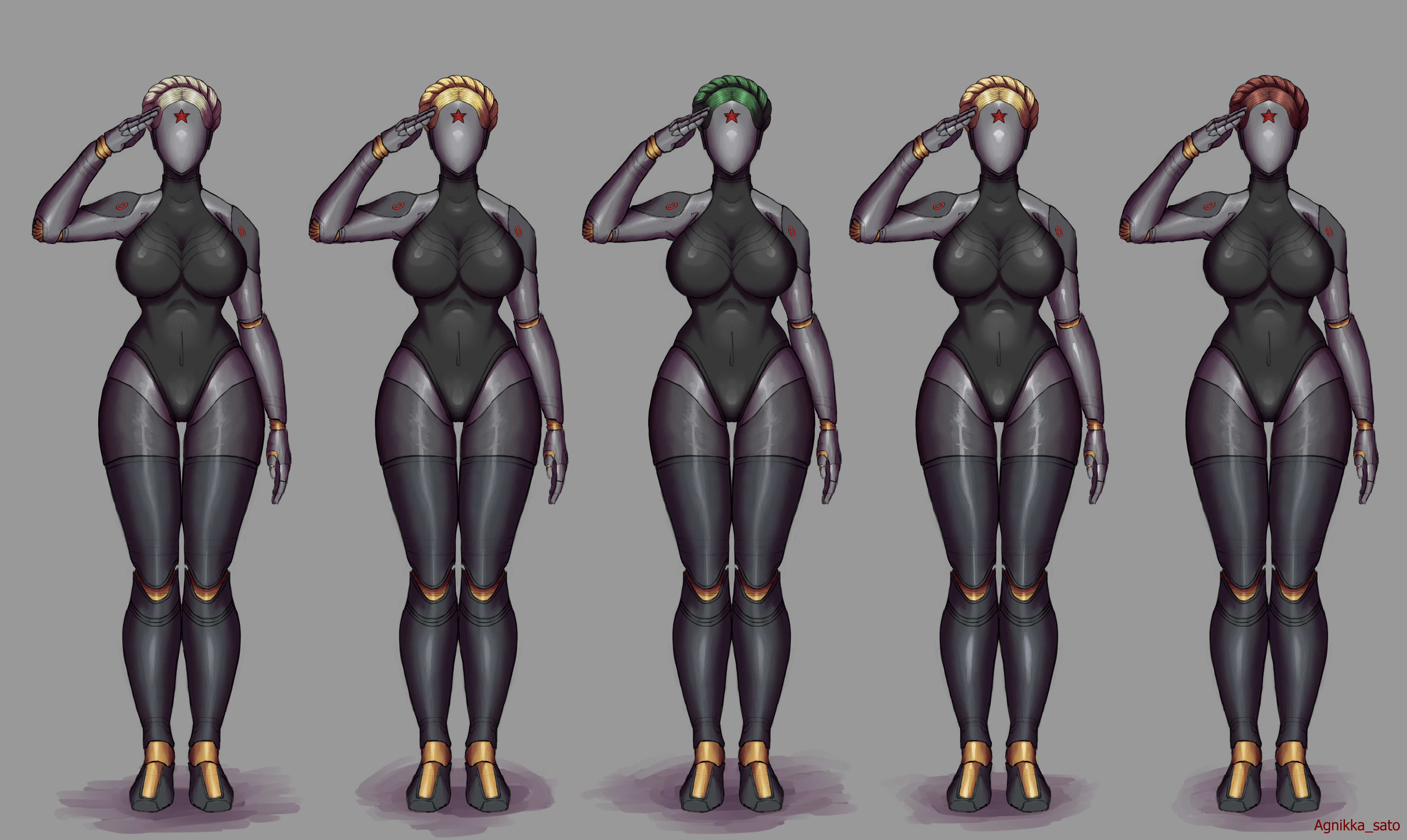 agnikka sato, atomic heart, blonde hair, body modification, breasts, brown hair, cosplay, crossover, darkness (konosuba), drone, dronification, faceless, fate (series), fate/grand order, female, female only, femsub, green hair, hypnosis, identity death, jeanne alter, jeanne d'arc (fate), kid icarus, kono subarashii sekai ni shukufuku wo!, large breasts, leotard, mind control, multiple females, multiple girls, multiple subs, nintendo, palutena, robot, robot girl, robotization, saluting, short hair, standing, standing at attention, the twins (atomic heart), transformation, white hair, wiz (konosuba)
