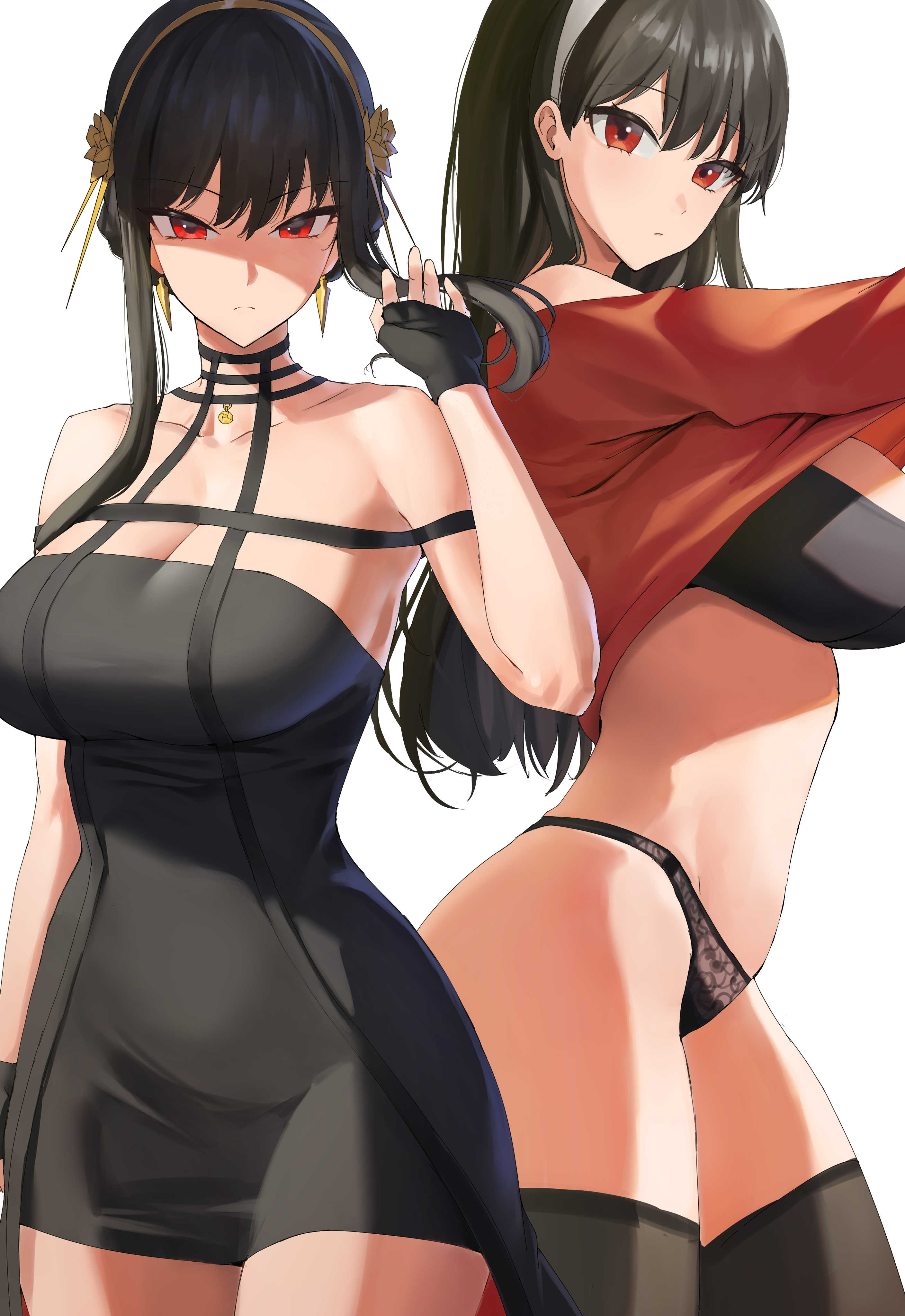 2girls, absurdres, assassin, bare shoulders, black bra, black dress, black gloves, black hair, black panties, black thighhighs, bra, breasts, cleavage, closed mouth, collarbone, cowboy shot, dress, dual persona, earrings, female, female only, fingerless gloves, flower, gloves, gold earrings, gold hairband, hair flower, hair ornament, hairband, highres, jewelry, large breasts, long hair, looking at viewer, multiple females, multiple girls, panties, red eyes, red sweater, rororo, rose, sidelocks, spy x family, straight hair, sweater, thighhighs, thorn princess, underwear, undressing, v-shaped eyebrows, white hairband, yor briar, yor forger