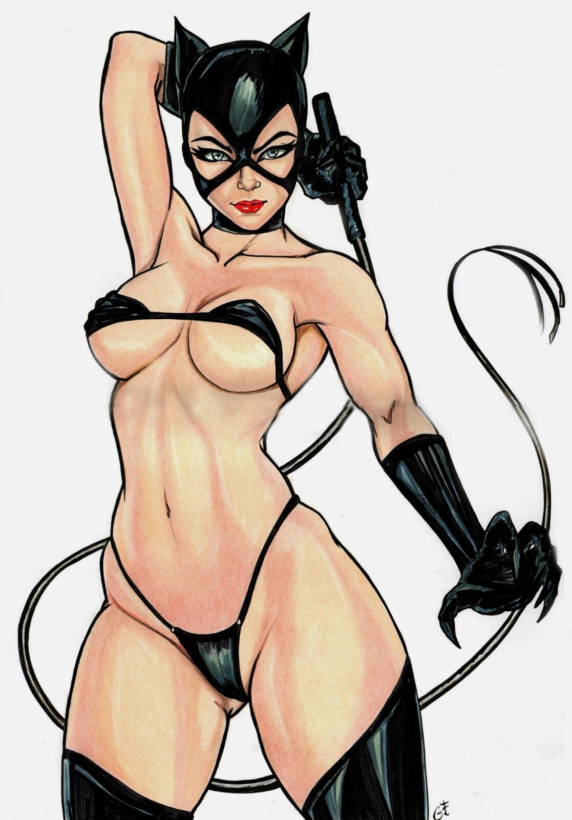 1girls, 2023, artist request, batman (series), big breasts, bikini, blue eyes, breasts, catwoman, curvy body, curvy female, curvy figure, dc, dc comics, ed benes studio, female, female focus, female only, highres, legwear, looking at viewer, micro bikini, selina kyle, solo, solo female, underwear, voluptuous, voluptuous female