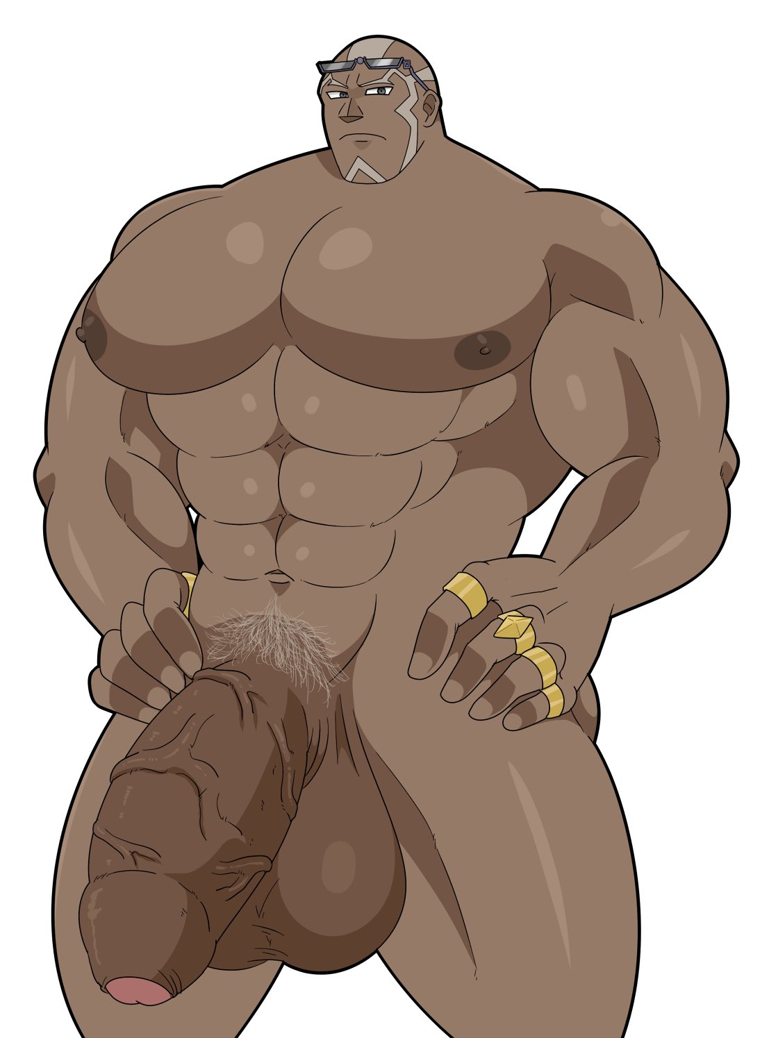 bald balls bara big_balls big_penis dark-skinned_male dark_skin face_markings male male_only muscles muscular negaro_0 nintendo nude penis pokemon pokemon_masters rings sawyer_(pokemon_masters) solo solo_male sunglasses sunglasses_on_head