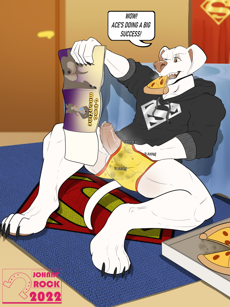 ace_the_bat-hound anthro balls bulge clothed clothing comic_book dc dc_comics dc_league_of_super-pets food fur genitals hi_res hoodie krypto male male_only masturbation messy musk penis pizza pizza_box red_penis shawd solo superhero superpower topwear underwear white_body white_fur