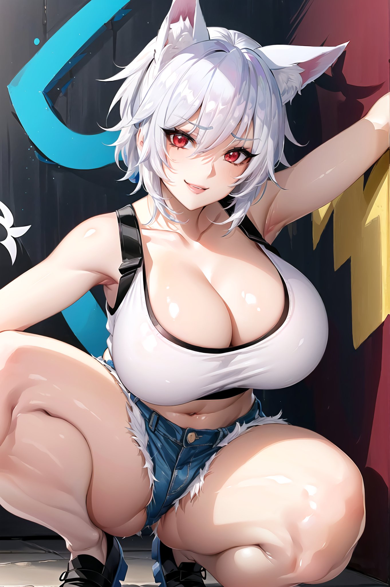 1girls, ai generated, animal ears, breasts, cleavage, curvaceous, curvy body, curvy female, female, female focus, fox girl, huge breasts, looking at viewer, milf, red eyes, solo, solo female, stable diffusion, voluptuous female, white hair