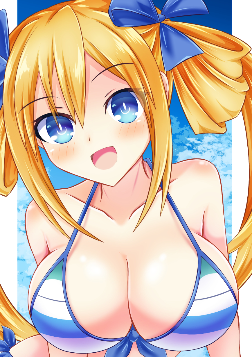 1girls beach big_breasts bikini_top blue_eyes blush breast_focus breasts close-up cpu_(neptunia) female_only goddess hair_ribbon happy kyou light-skinned_female looking_at_viewer neptunia_(series) open_mouth orange_hair orange_heart smile solo twintails uzume_tennouboshi