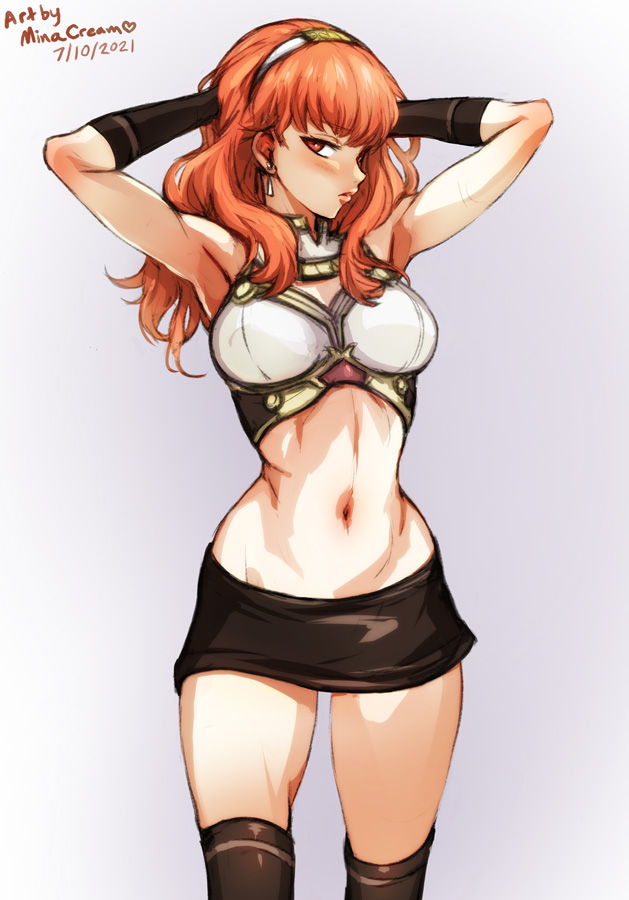 1girls, armpits, arms behind head, bangs, bare midriff, bare thighs, black skirt, black thighhighs, breasts, celica (fire emblem), crop top, earrings, female, female only, fire emblem, fire emblem echoes: shadows of valentia, frown, hairband, jewelry, looking at viewer, medium breasts, medium hair, midriff, minacream, miniskirt, navel, nintendo, orange eyes, orange hair, skirt, solo, thighhighs, thighs, tiara, white hairband