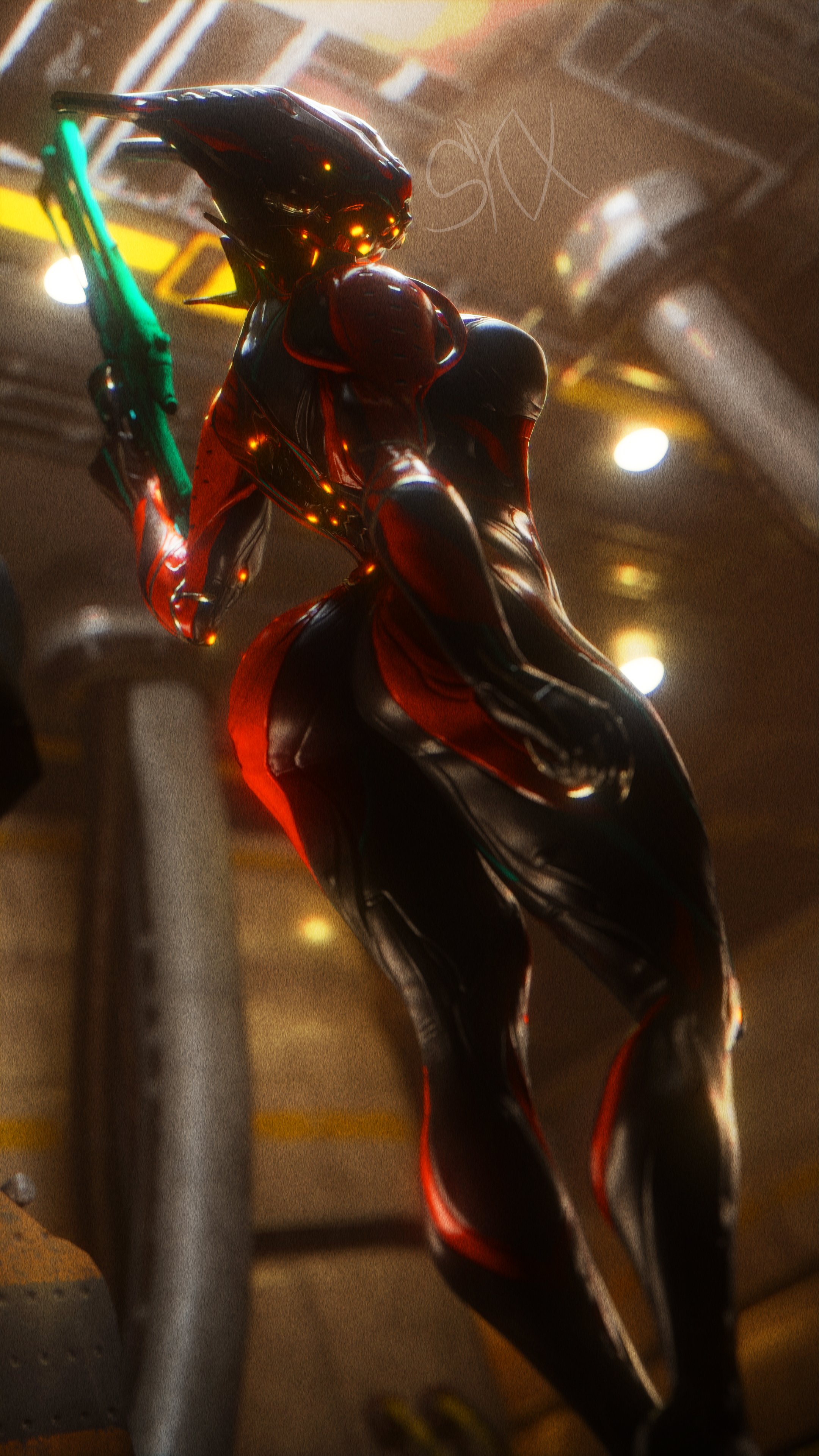1girls, 2023, 3d, 3d (artwork), 5 fingers, armor, armored, ass, assault rifle, big ass, big butt, big thighs, black clothing, bottom view, breasts, curvaceous, curves, curvy, curvy body, curvy female, curvy figure, curvy hips, female, female focus, female only, gynoid, helmet, hi res, highres, hips, hourglass figure, large ass, large butt, large thighs, looking at viewer, red clothing, robot, robot girl, robot humanoid, round ass, skxx elliot, slim waist, small breasts, solo, solo female, solo focus, thick thighs, thighs, valkyr (warframe), warframe, weapon, wide hips, yellow eyes