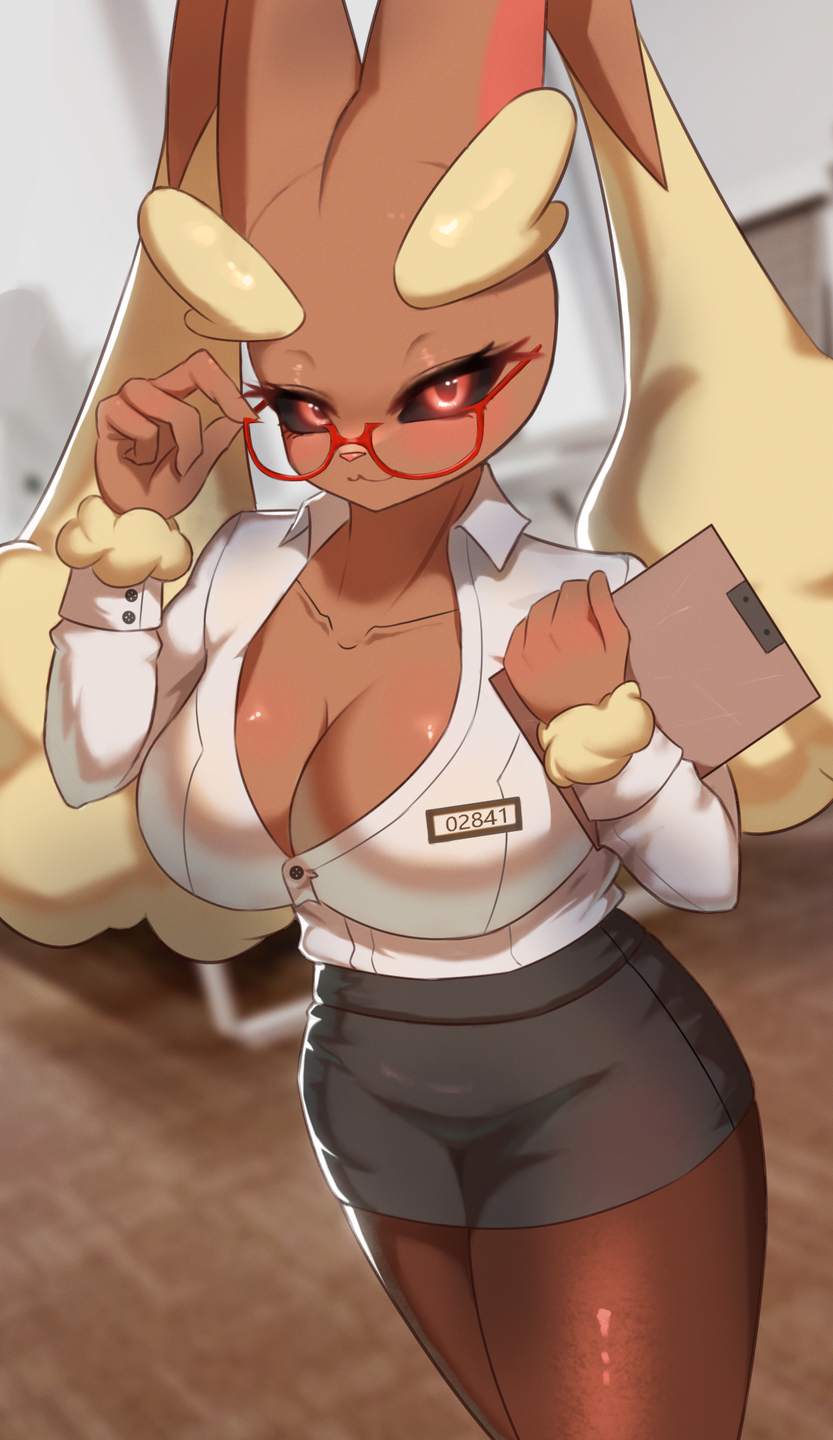 :3, 1girls, 2023, 2d, 2d (artwork), 4 fingers, anthro, anthro only, anthrofied, big breasts, big thighs, black sclera, black skirt, blush, breasts, bunny, bunny ears, bunny girl, cleavage, cleavage window, clipboard, clothed, collarbone, female, female focus, female only, fully clothed, furry, furry breasts, furry ears, furry female, furry only, glasses, hi res, highres, hips, huge breasts, large breasts, large thighs, leggings, looking at viewer, lopunny, nametag, office, office clothing, office lady, pokémon (species), pokemon, pokemon (species), red dress, red eyes, red glasses, skirt, solo, solo female, solo focus, standing, standing female, stockings, thick thighs, thighs, tight clothing, tight skirt, tp10, tuft, tufted fur, white shirt, wide hips