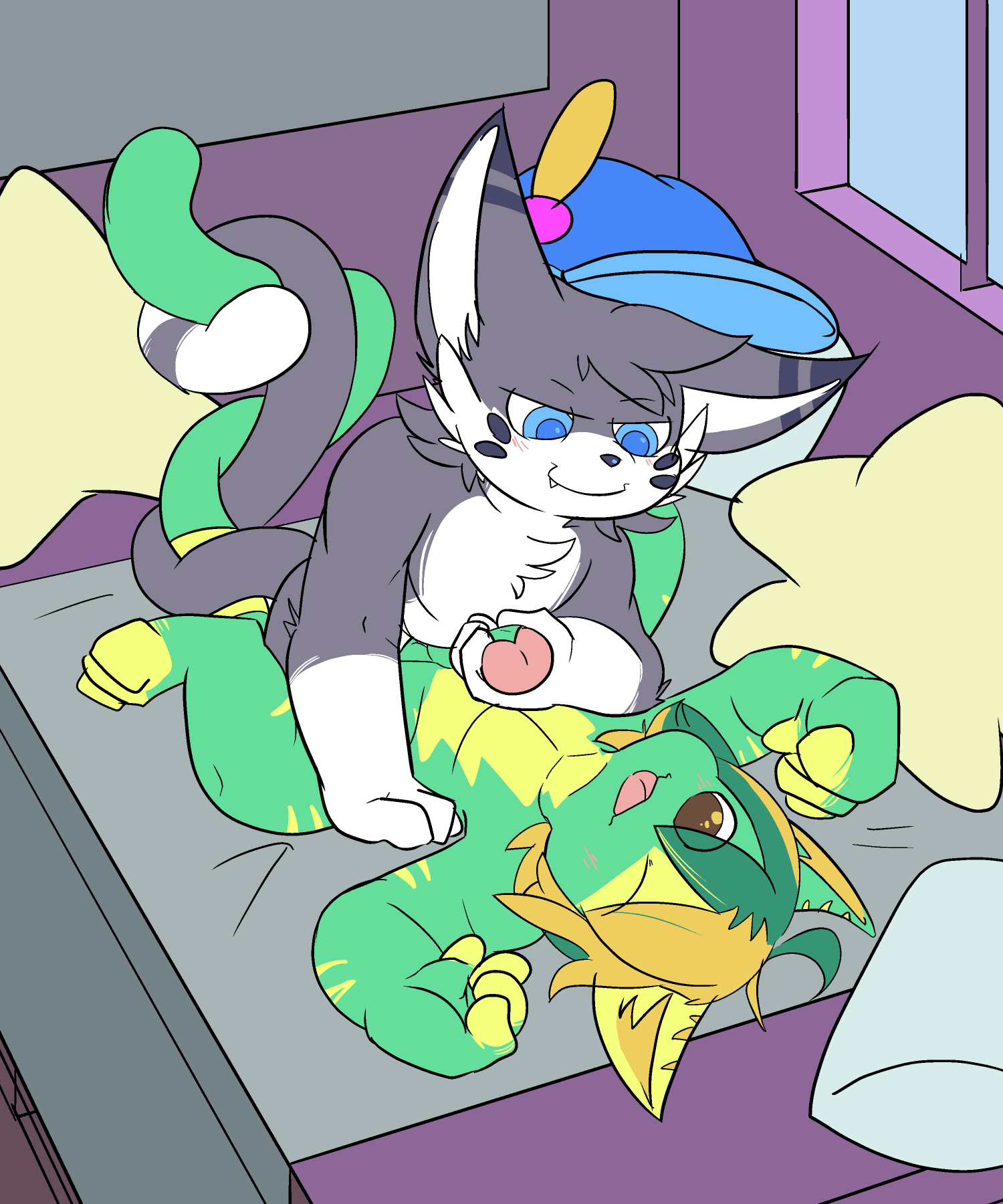 anthro bed blue_clothing blue_hat blue_headwear clothing dark_body dark_fur domestic_cat duo felid feline felis fur furniture green_body green_fur hat headgear headwear hi_res inside male male/male mammal mousesix pillow white_body white_fur yellow_body yellow_fur zaaru_(character)