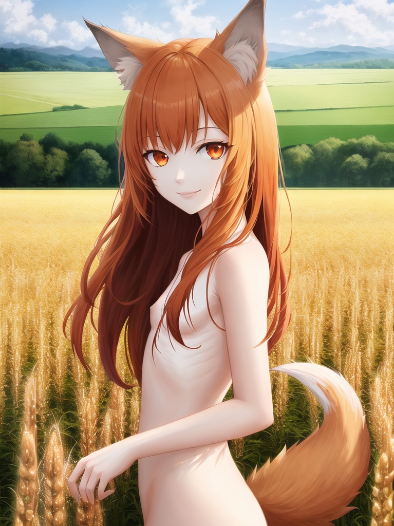 1girls ai_generated asukaln breasts brown_hair completely_nude holo long_hair nipples nude nude_female orange_eyes spice_and_wolf wolf_ears wolf_girl wolf_tail