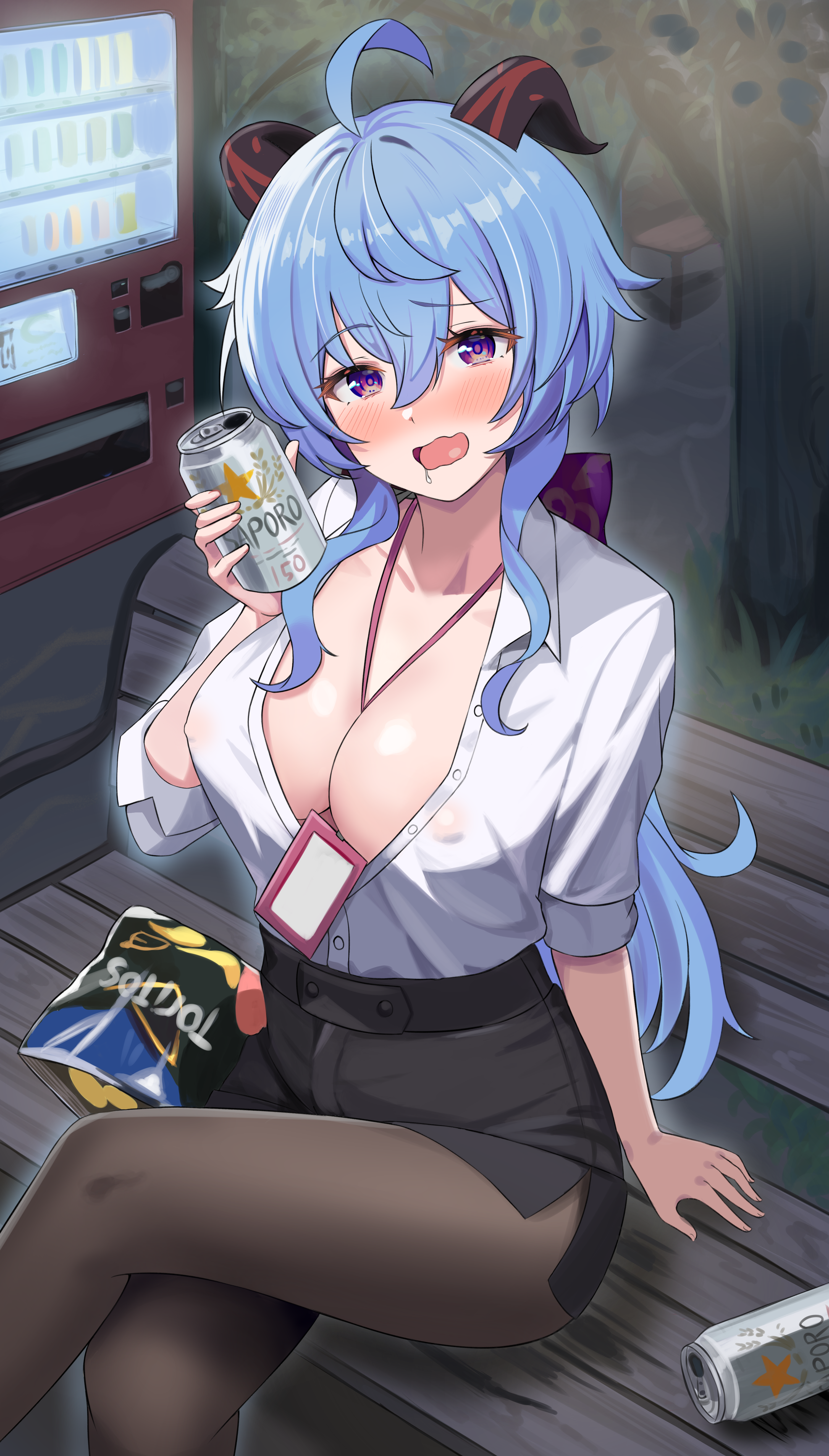 1girls, beer, blue hair, breasts, cleavage, clothed, drunk, female, ganyu (genshin impact), genshin impact, hi res, horns, huge breasts, judynoboken, large breasts, light skin, light-skinned female, long hair, no bra, office lady, purple eyes, short skirt, skirt, thick thighs, vented skirt, wide hips