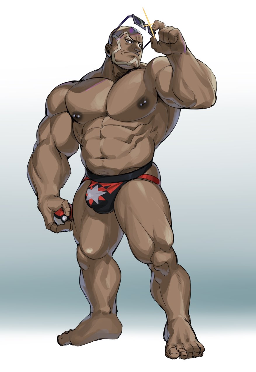 bald balls bara bulge dark-skinned_male dark_skin face_markings hanmankit jockstrap jockstrap_only male male_only muscles muscular nintendo nipple_piercing penis pokeball pokemon pokemon_masters sawyer_(pokemon_masters) solo solo_male sunglasses sunglasses_removed