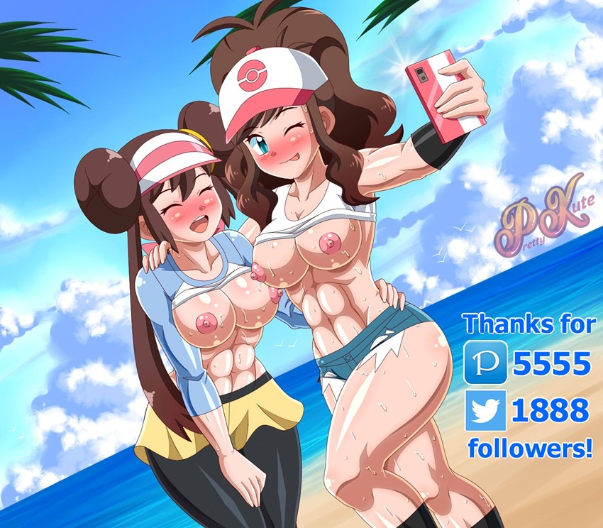 2girls abs artist_name baseball_cap beach big_breasts blue_eyes blush breasts brown_hair closed_eyes cloud duo female game_freak hat hilda_(pokemon) hourglass_figure long_brown_hair long_hair long_ponytail long_twintails medium_hair multiple_girls muscles muscular muscular_female nipples ocean outdoors palm_tree phone pixiv_logo pk-studios pokemon pokemon_bw pokemon_bw2 ponytail rosa_(pokemon) sand seagull selfie shirt_up short_shorts shorts skirt sky smartphone smile sweat tagme tank_top thick_thighs tongue_out twin_buns twintails twitter_logo visor water wink