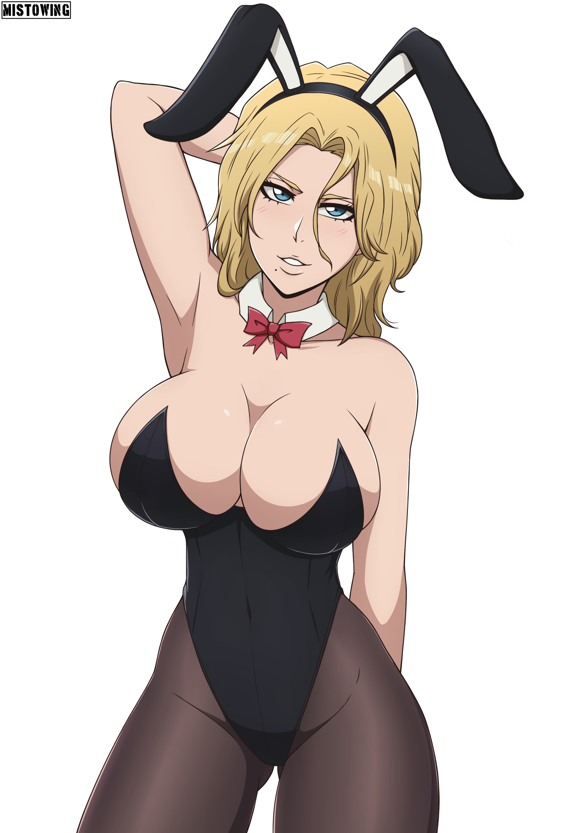 1girls, alternate hair color, alternate hairstyle, animal ears, arm behind head, arm up, bare chest, bare shoulders, big breasts, bleach, bleach: the thousand-year blood war, blonde hair, blue eyes, bowtie, breasts, bunny ears, bunny girl, bunnysuit, busty, choker, cleavage, curvaceous, curvy, curvy body, curvy female, curvy figure, detached collar, fake animal ears, female, hair ornament, hairband, highres, huge breasts, leotard, matsumoto rangiku, mistowing, mole, mole under mouth, pantyhose, pinup, revealing clothes, ribbon, ribbon choker, short hair, skimpy, skimpy clothes, smile, strapless, strapless leotard, tight clothing, voluptuous, wide hips
