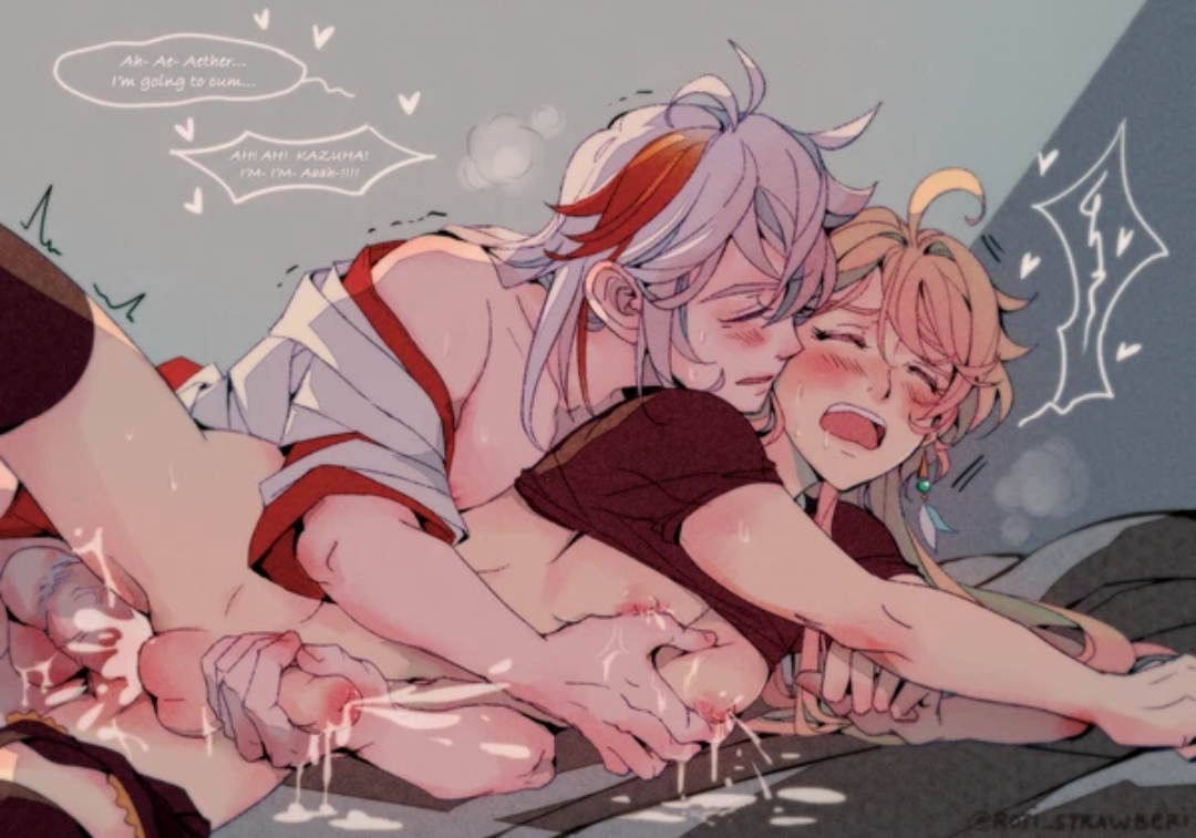 aether (genshin impact), blush, breast squeeze, breasts, cum, cum inside, cum while penetrated, gay, gay anal, gay sex, genshin impact, handjob, kaedehara kazuha, male, male focus, male only, milking, reach around, yaoi