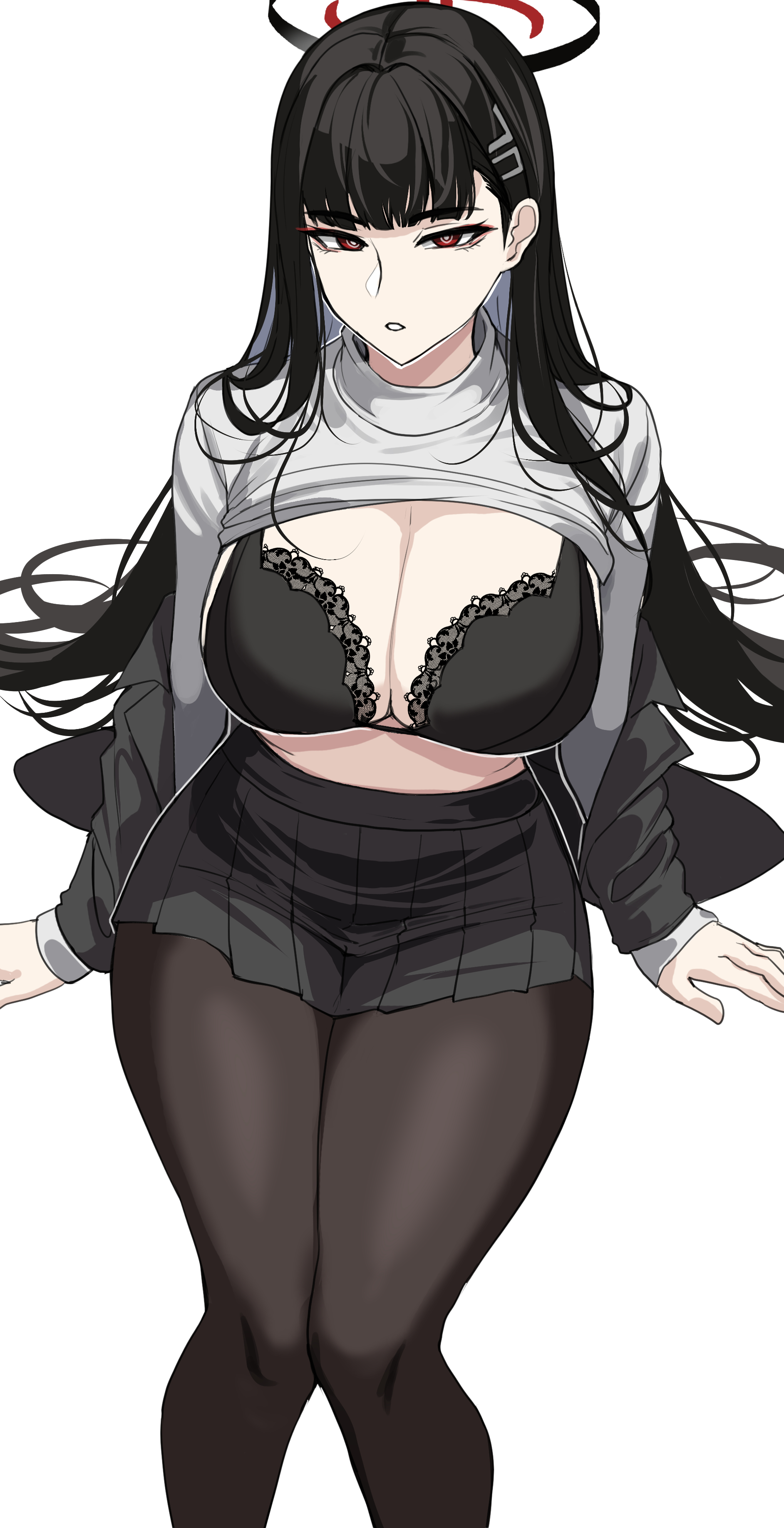 1girls, big breasts, black bra, black hair, black jacket, black pantyhose, black skirt, blue archive, bra, breast focus, breasts, cleavage, dark hair, drogod (artist), emotionless, emotionless female, female, halo, high school student, indifference, indifferent, knees together, knees together feet apart, lace-trimmed bra, large breasts, light skin, light-skinned female, long hair, millennium science school student, miniskirt, pantyhose, pleated skirt, red eyes, rio (blue archive), rio tsukatsuki (blue archive), seminar (blue archive), seminar president, shirt up, short skirt, skirt, student, student council president, suit jacket, tagme, teenage female, teenager, thick thighs, tsukatsuki rio, turtleneck, unbothered, uncaring, unenthusiastic, voluptuous