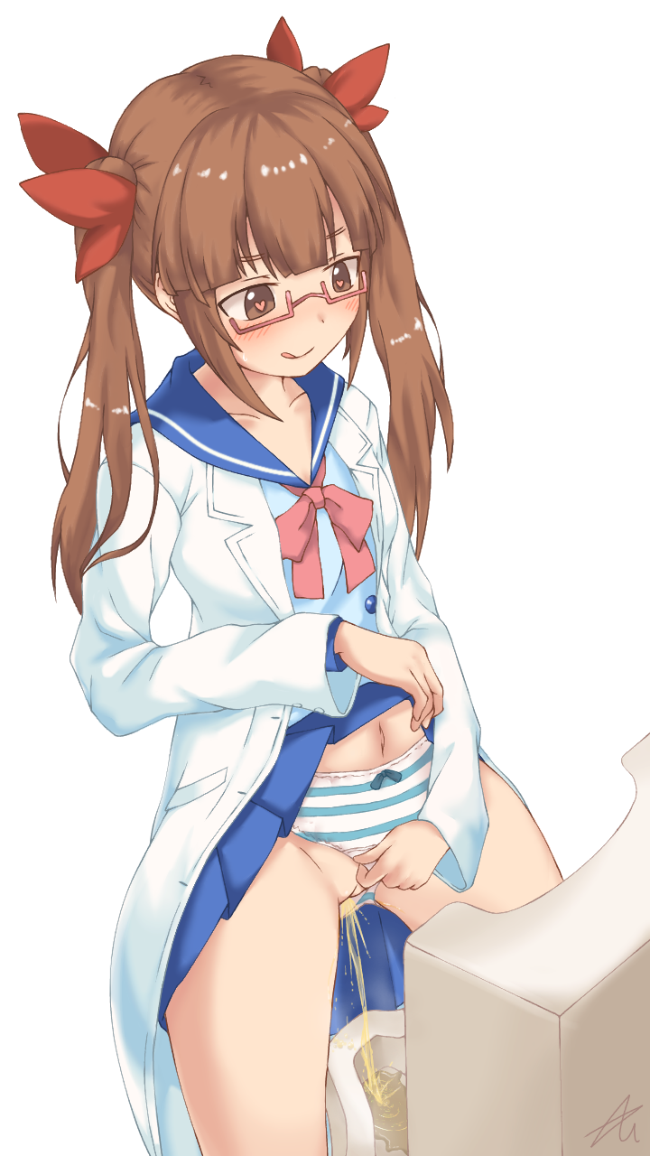 1girls :q artist_request azuma_(azumapic) blush bow brown_eyes brown_hair cleft_of_venus clothes_lift clothing_aside female female_using_urinal glasses hair_ornament hair_ribbon heart heart-shaped_pupils highres idolmaster idolmaster_cinderella_girls ikebukuro_akiha lab_coat lifted_by_self long_hair navel panties panties_aside peeing pink-framed_eyewear pussy ribbon school_uniform semi-rimless_eyewear serafuku shirt sidelocks skirt skirt_lift smile solo standing striped striped_panties symbol-shaped_pupils tongue tongue_out twintails uncensored under-rim_eyewear underwear urinal urine young