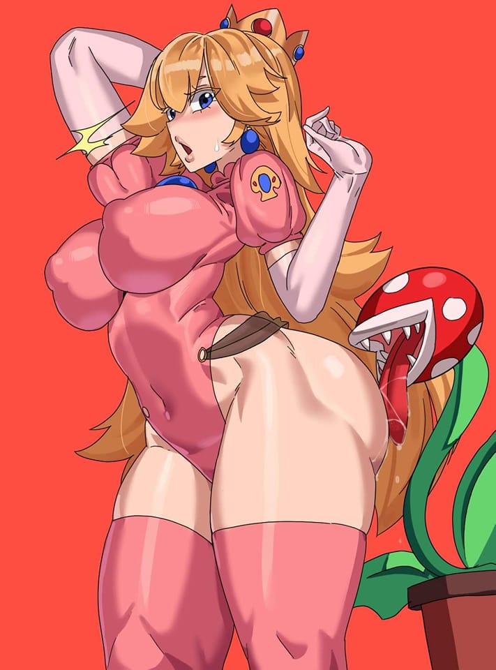 1girls, ass, big ass, blonde hair, blue eyes, breasts, elbow gloves, female, gamjasssak, gloves, huge breasts, leotard, licking, licking ass, long hair, mario (series), pink leotard, piranha plant, princess peach, puffy short sleeves, puffy sleeves, red background, simple background, standing, tagme, thick thighs, thighhighs, thighs, tight clothing, very long hair, white gloves, wide hips, zettai ryouiki