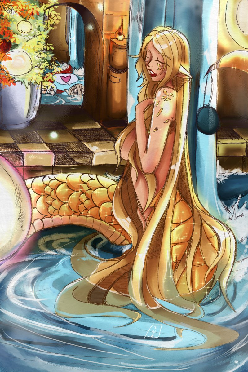 3girls bath bathhouse bathing blonde_hair closed_eyes fantasy female female_only gold_scales happy lamia large_breasts monster_girl naga oc original original_character red_scales scales sillydraggo smile snake snake_girl traditional_media_(artwork) waterfall white_hair