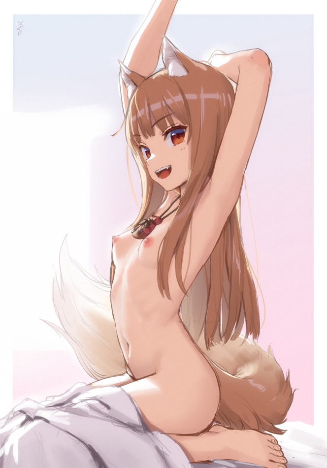 1girls amulet armpits bed breasts brown_hair feet holo kawakami_rokkaku naked naked_female nipples red_eyes sole_female spice_and_wolf wolf_ears wolf_girl wolf_tail